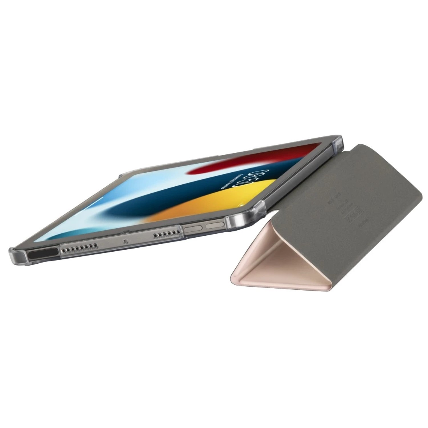 Tablet mit dunkelgrauer Hülle. Die Hülle ist hochgeklappt und zeigt den Bildschirm mit weißem Hintergrund.