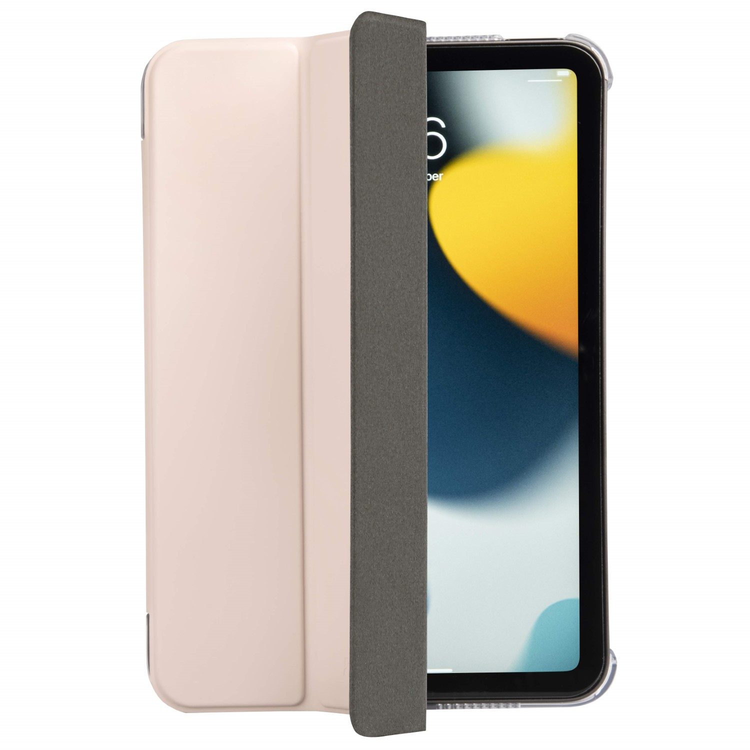 Tablet in hellrosa Hülle. Die Hülle ist geöffnet und zeigt den Bildschirm. Der Hintergrund ist weiß.