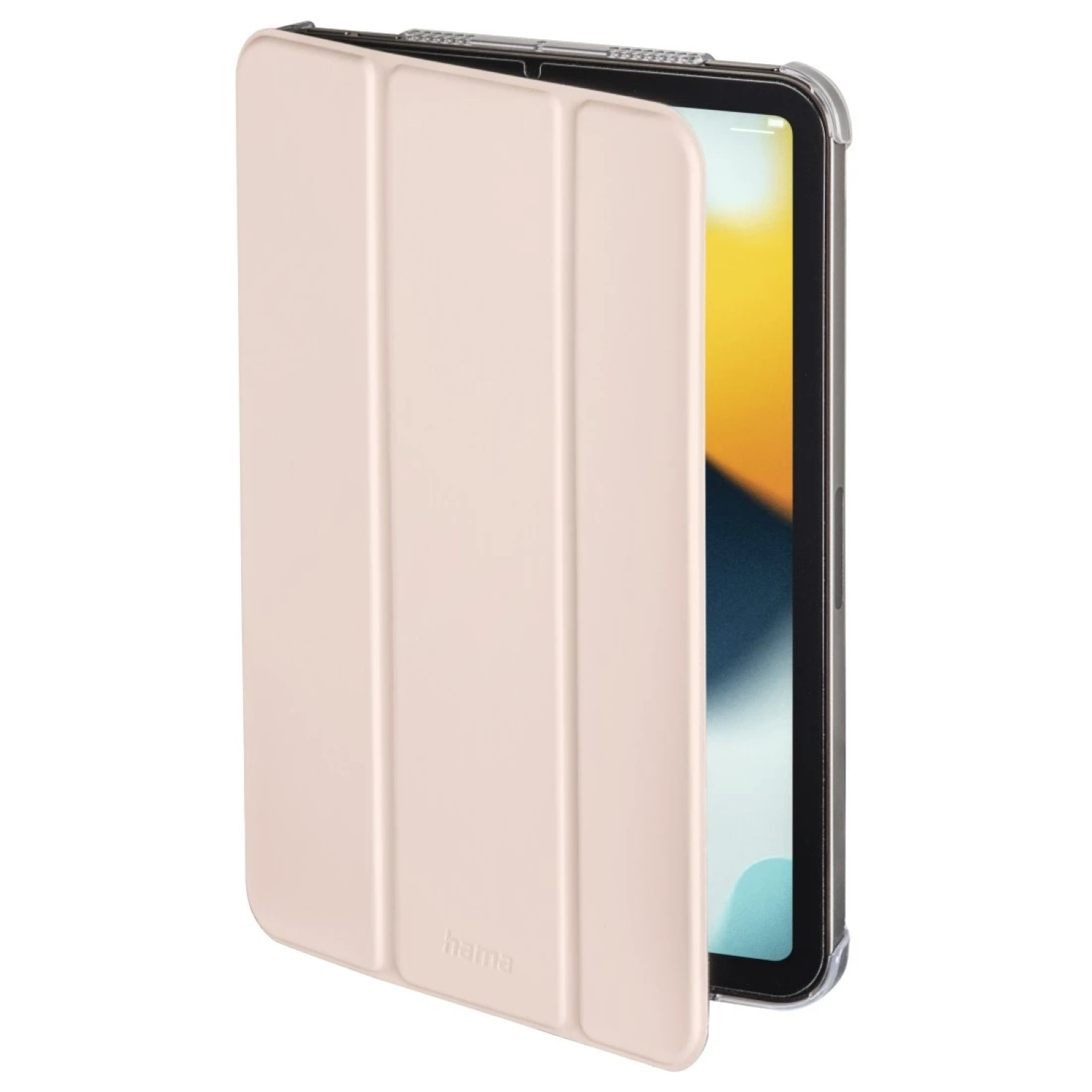 Tablet in hellrosa Hülle. Die Hülle ist geöffnet und zeigt den Bildschirm. Der Hintergrund ist weiß.