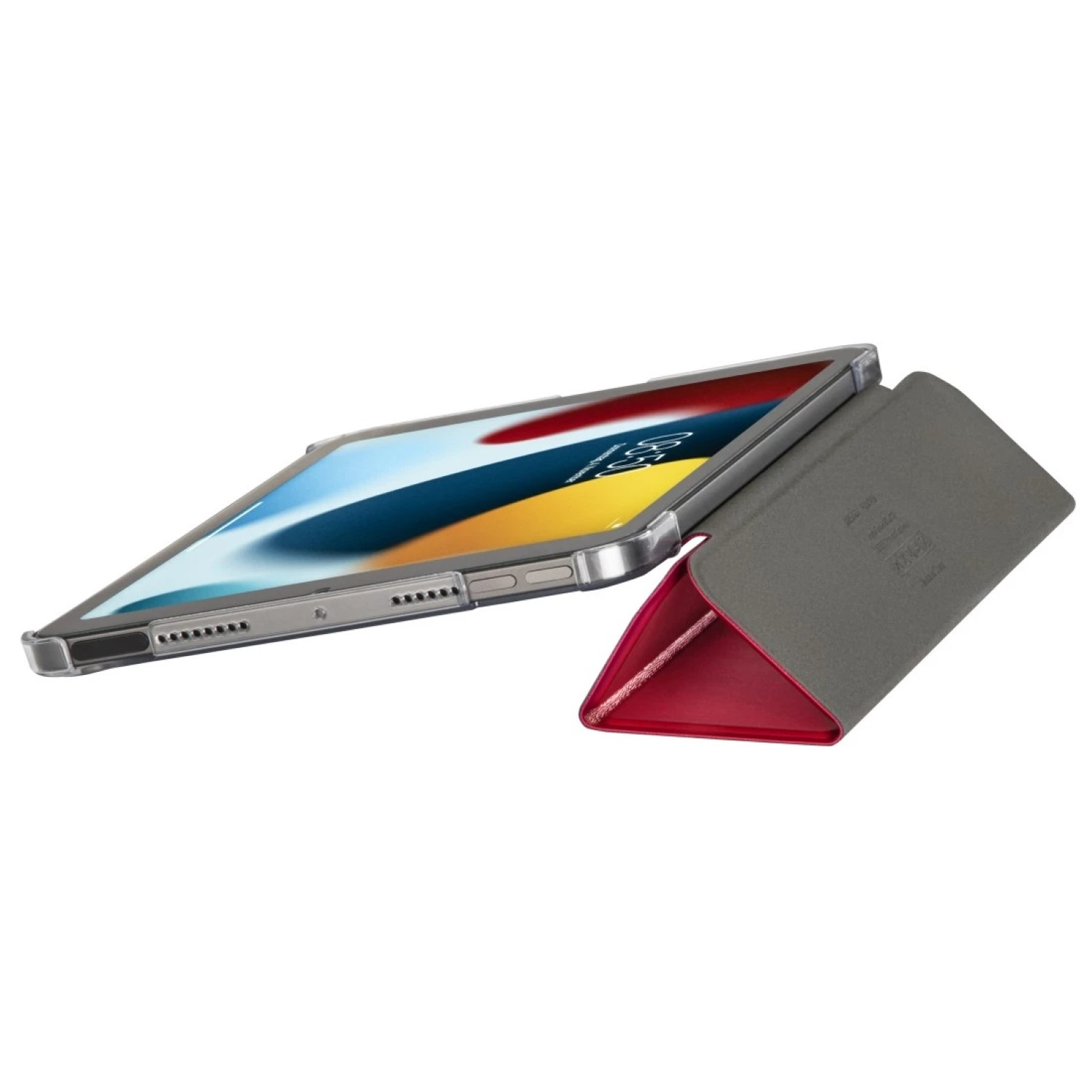 Tablet mit dunkelgrauer Hülle. Die Hülle ist hochgeklappt und zeigt den Bildschirm mit weißem Hintergrund.
