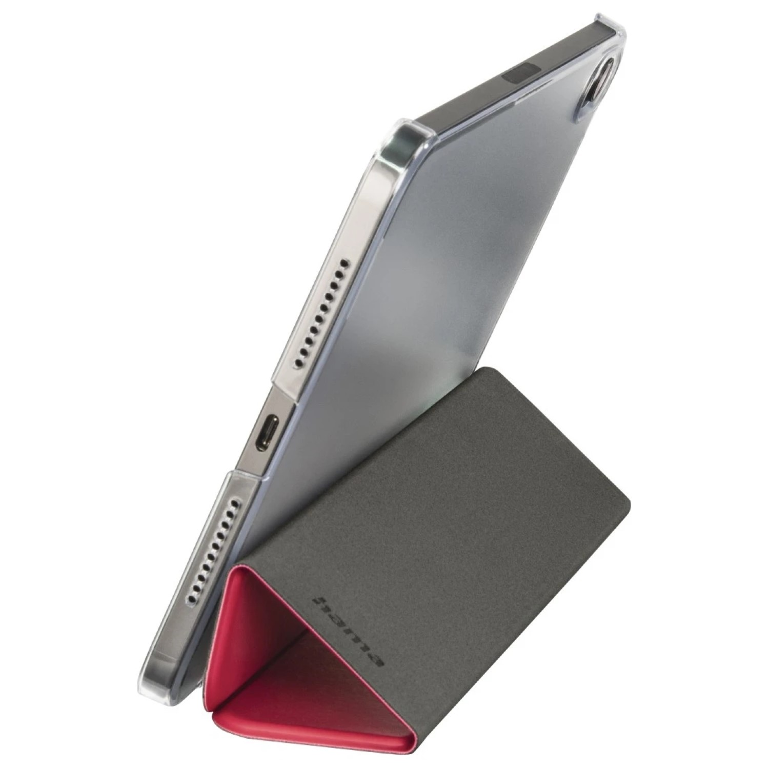Tablet mit dunkelgrauer Hülle, hochgeklappt. Das Tablet ist angewinkelt. Weißer Hintergrund.
