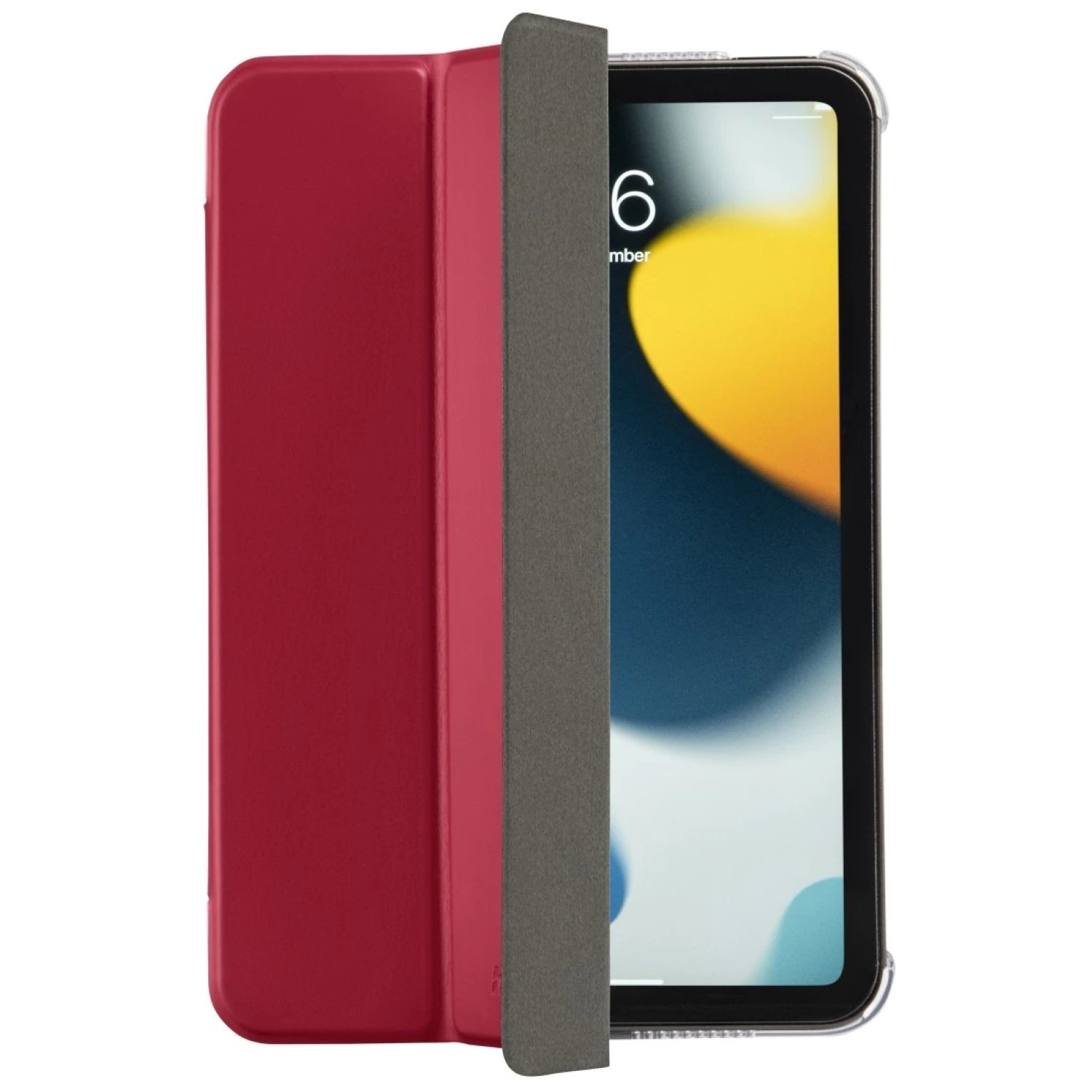 Tablet in roter Hülle. Die Hülle ist geöffnet und zeigt den Bildschirm. Der Hintergrund ist weiß.