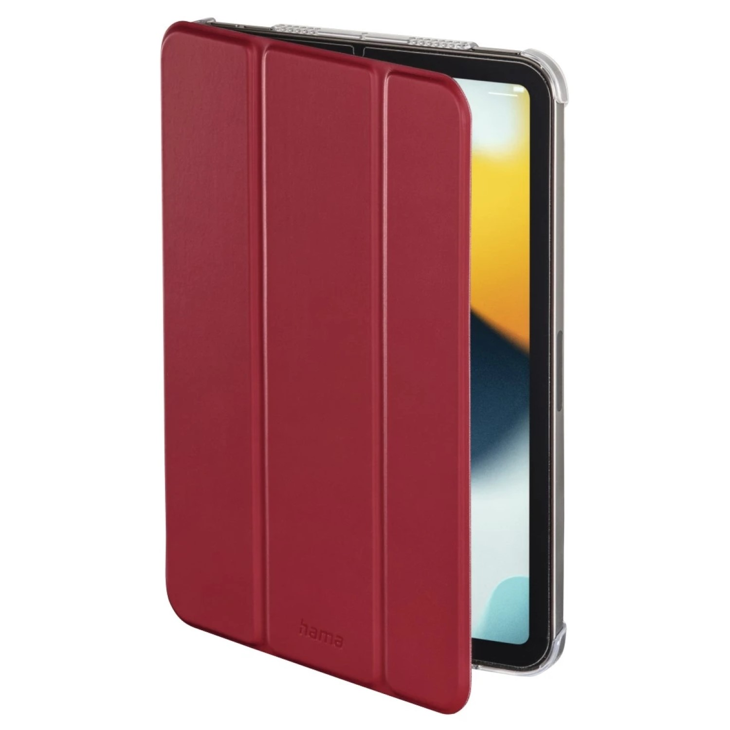Rote Tablet-Hülle, teilweise geöffnet, zeigt einen Tablet-Bildschirm. Hama-Logo sichtbar.