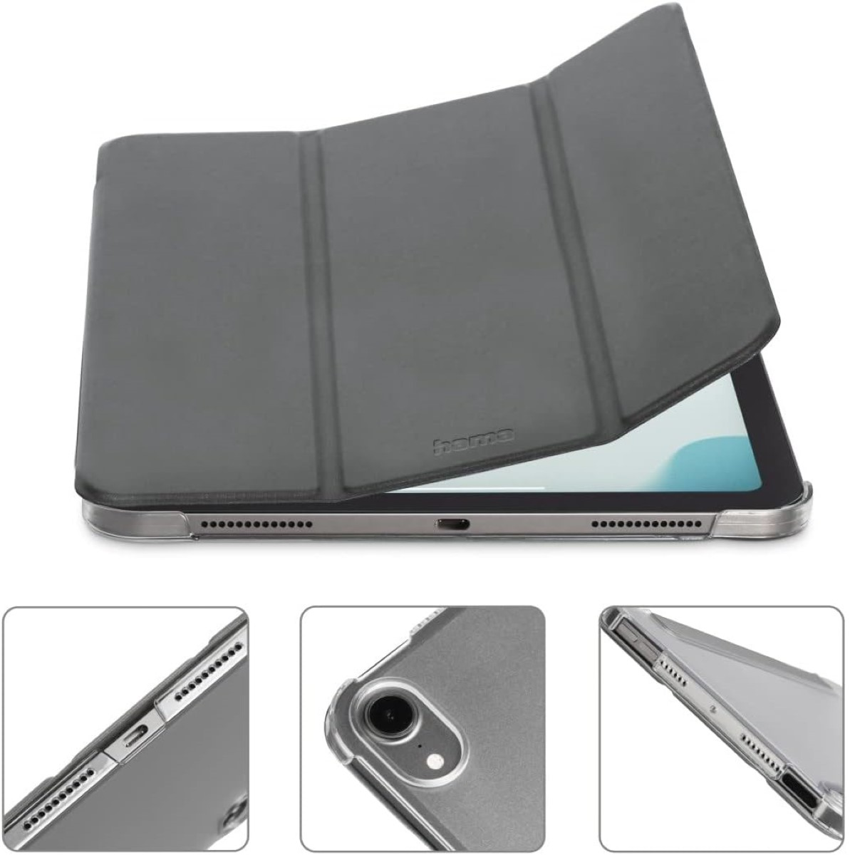 Tablet z otwartym ciemnoszarym etui. Tablet jest poziomo, etui jest otwarte.