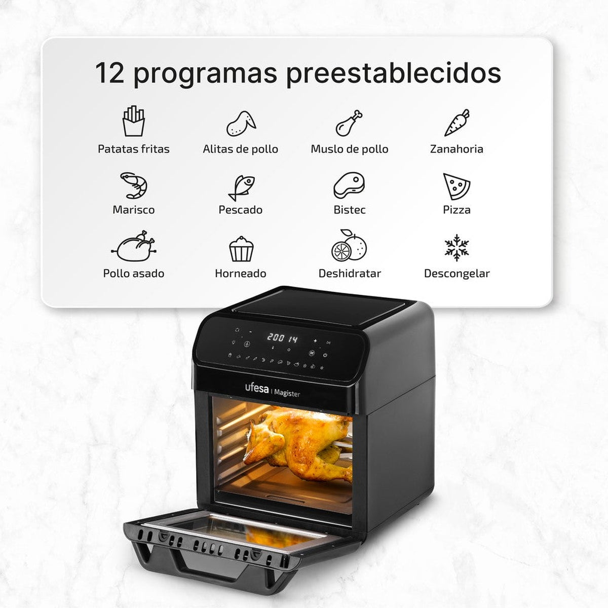 Freidora de aire negra con puerta abierta. Muestra comida dentro. 12 programas preestablecidos.