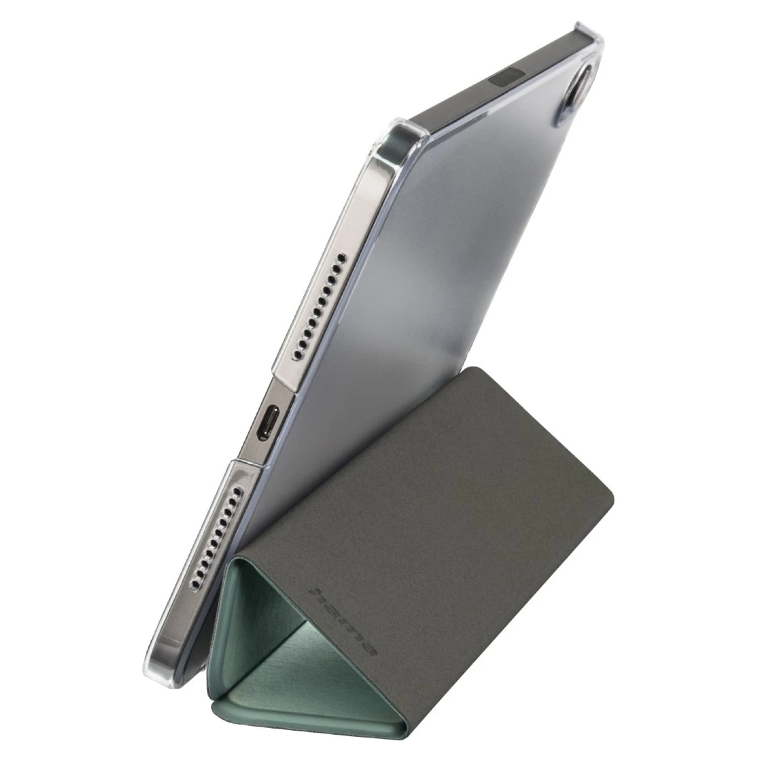 Tablet in einer durchsichtigen Hülle, aufgestellt durch einen dreieckigen Ständer, Bildschirm.