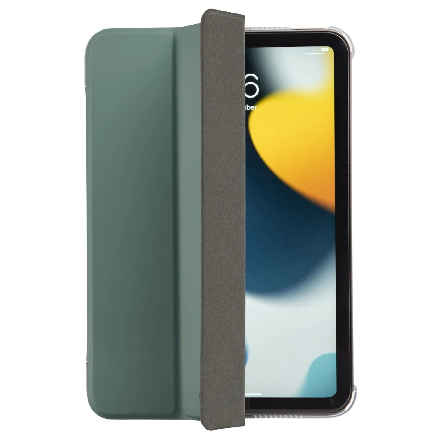 Tablet in einer offenen grünen Hülle. Der Bildschirm zeigt einen bunten Hintergrund.