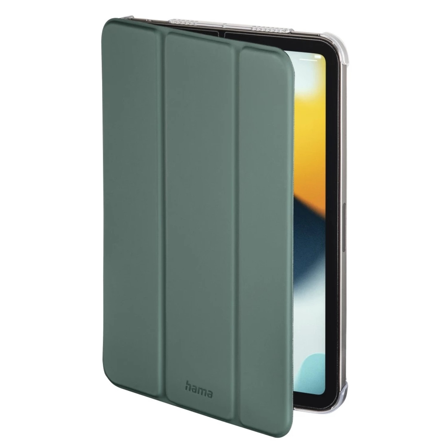 Tablet in einer grünen Hülle, teilweise geöffnet, mit dem Bildschirm im Inneren der Hülle.