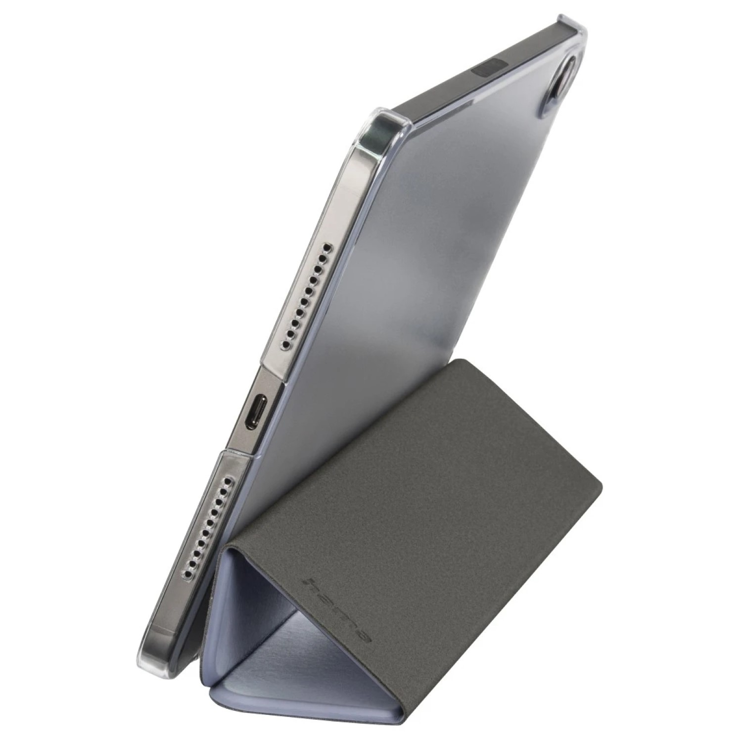 Tablet in einer grauen Hülle, aufgestellt, mit der Seite mit Ladeanschluss und Lautsprechern.