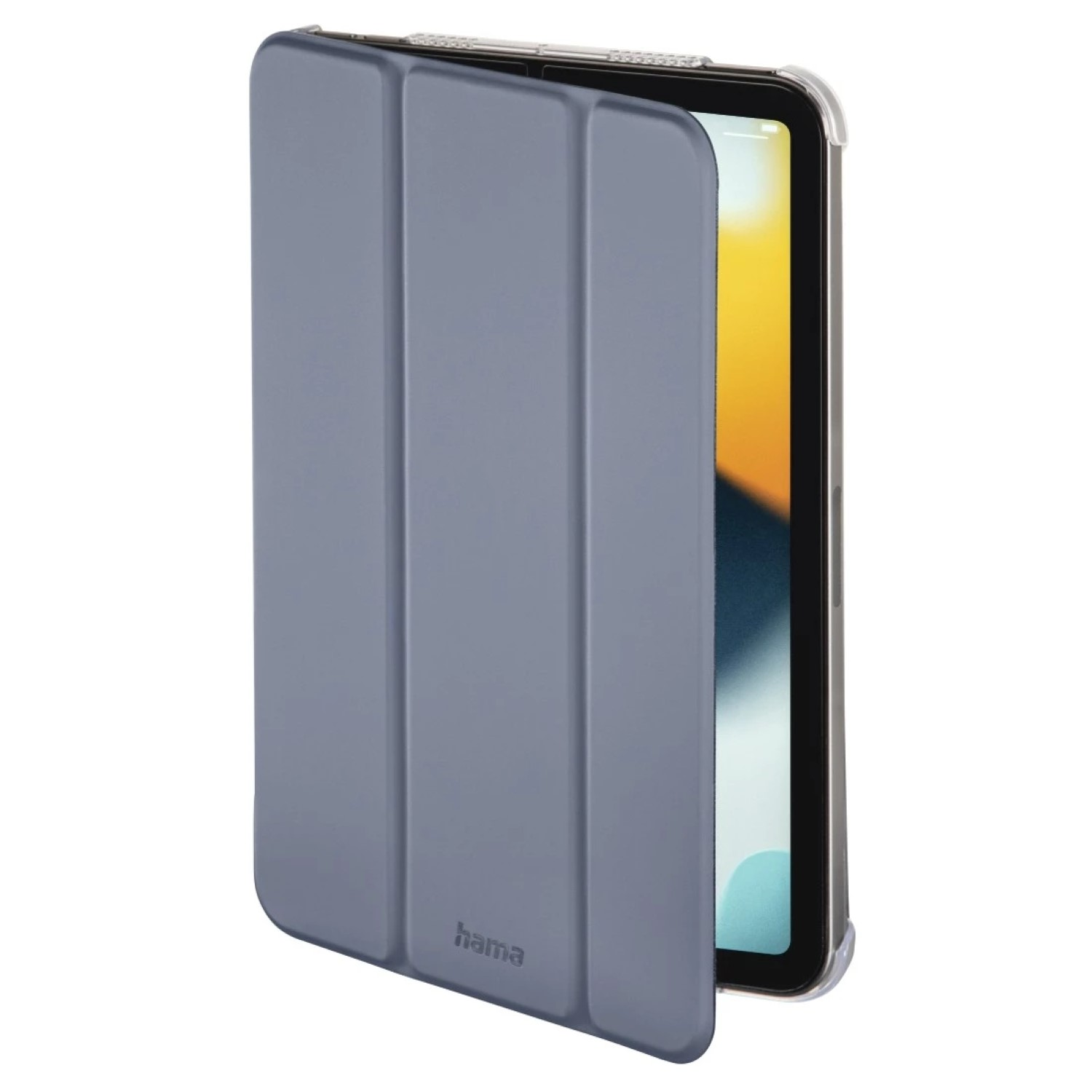 Tablet in blauer Hülle, teilweise geöffnet, zeigt einen Tablet-Bildschirm. Hama-Logo.