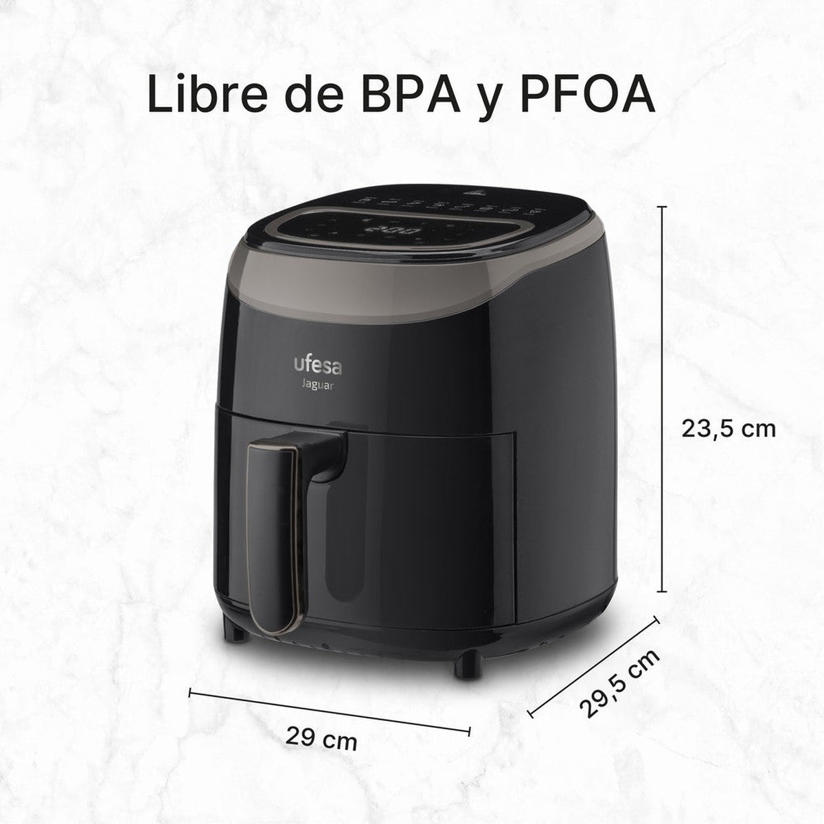 Friggitrice ad aria nera con dimensioni e testo 'Libre de BPA y PFOA' su sfondo bianco.