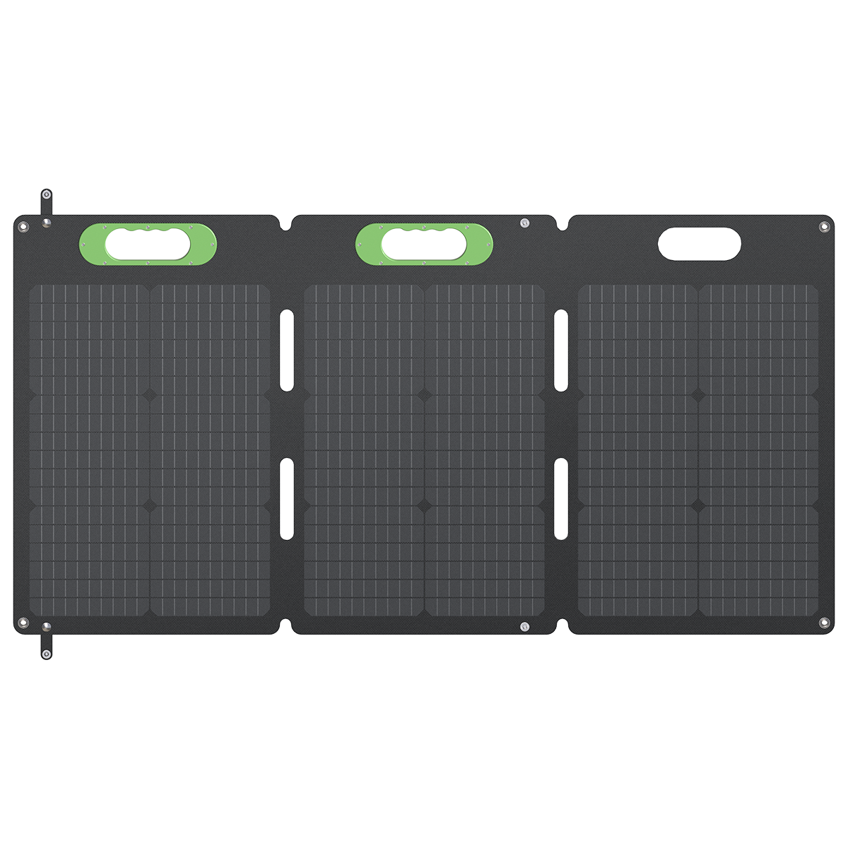 Faltbares schwarzes Solarpanel mit drei Paneelen und grünen Griffen. Schwarzer Hintergrund, weiße Oberfläche.