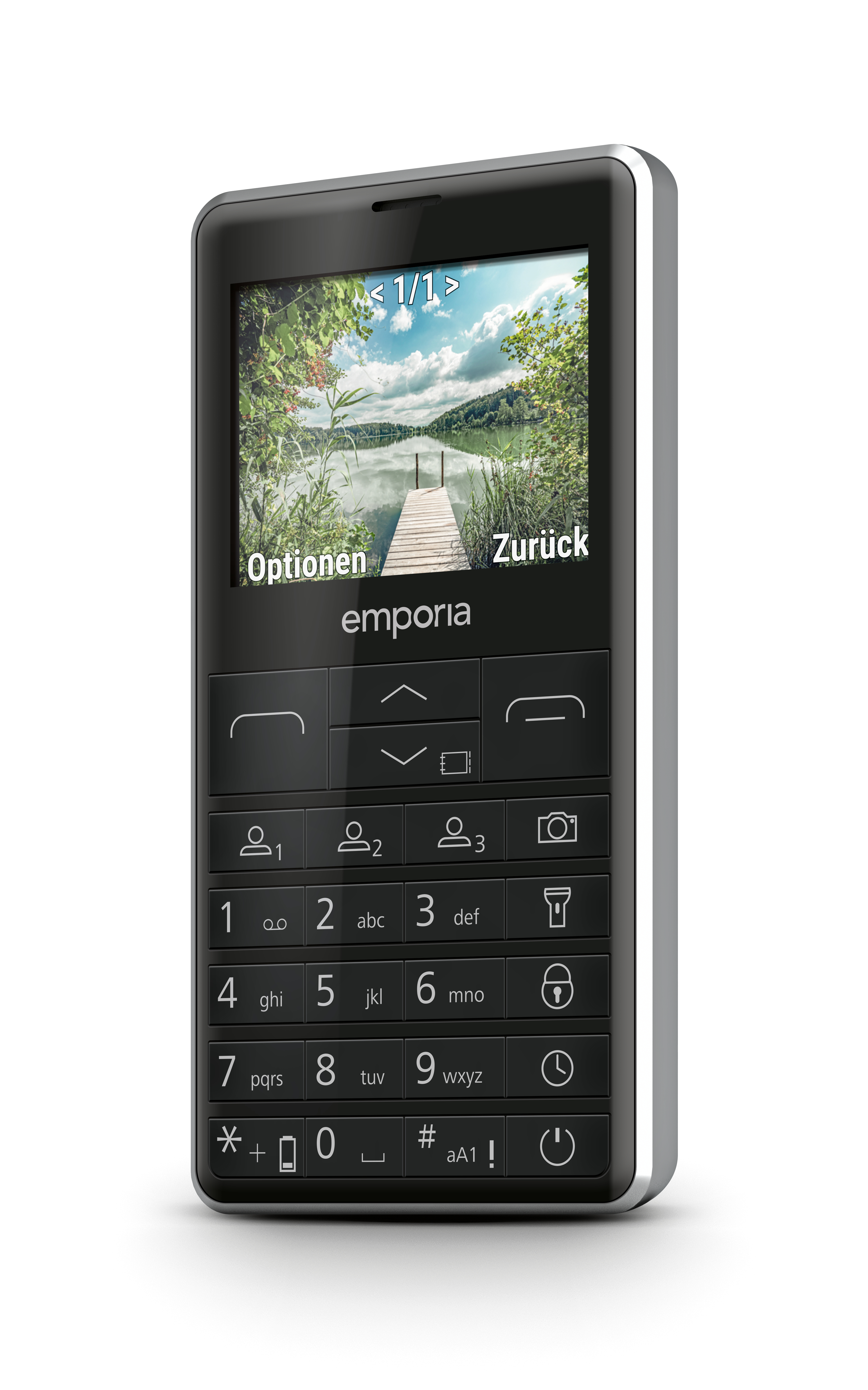 Telefono nero con una scena lacustre sullo schermo. Marchio Emporia visibile. Sfondo bianco.