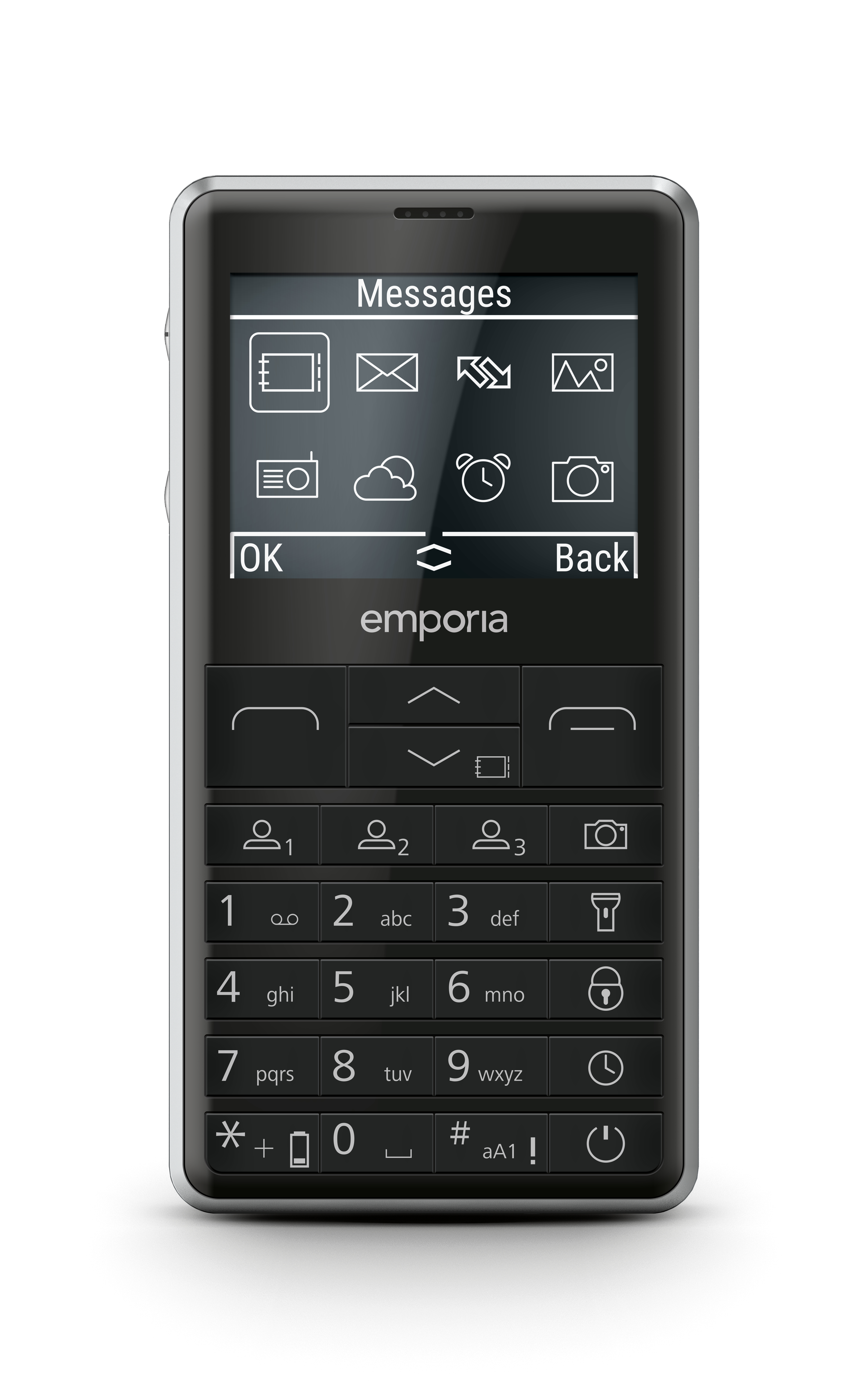 Telefono Emporia nero con pulsanti e schermo che mostra messaggi e icone.