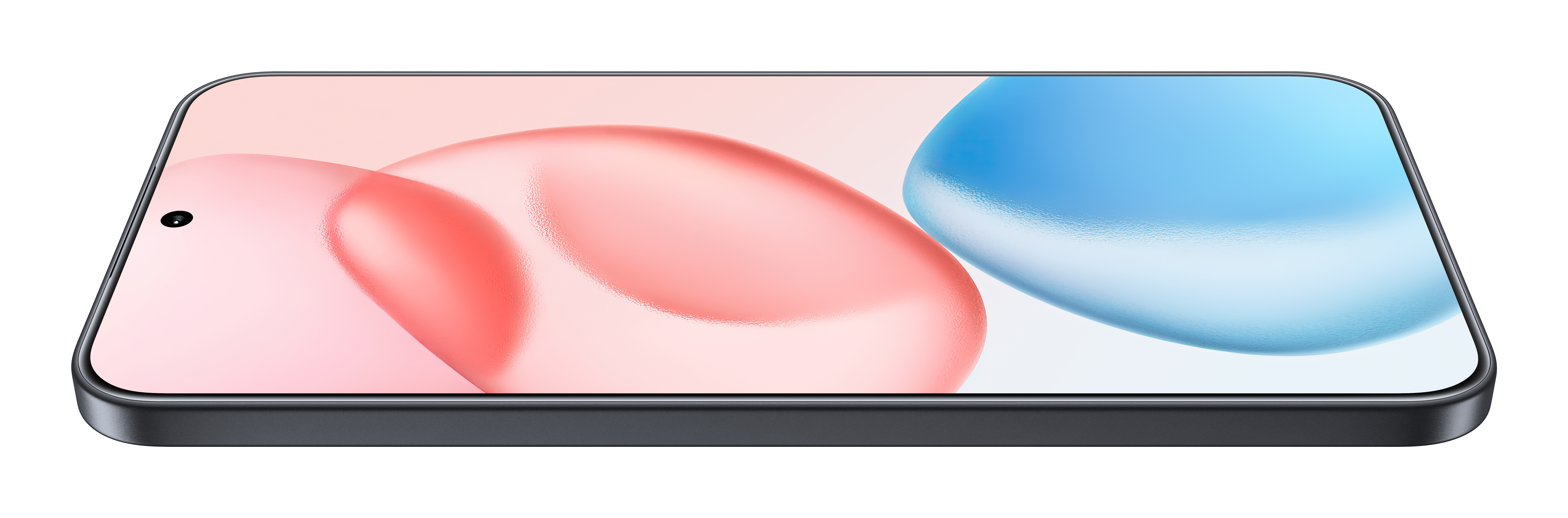 Szary smartfon z różowo-niebieskim wygaszaczem ekranu.