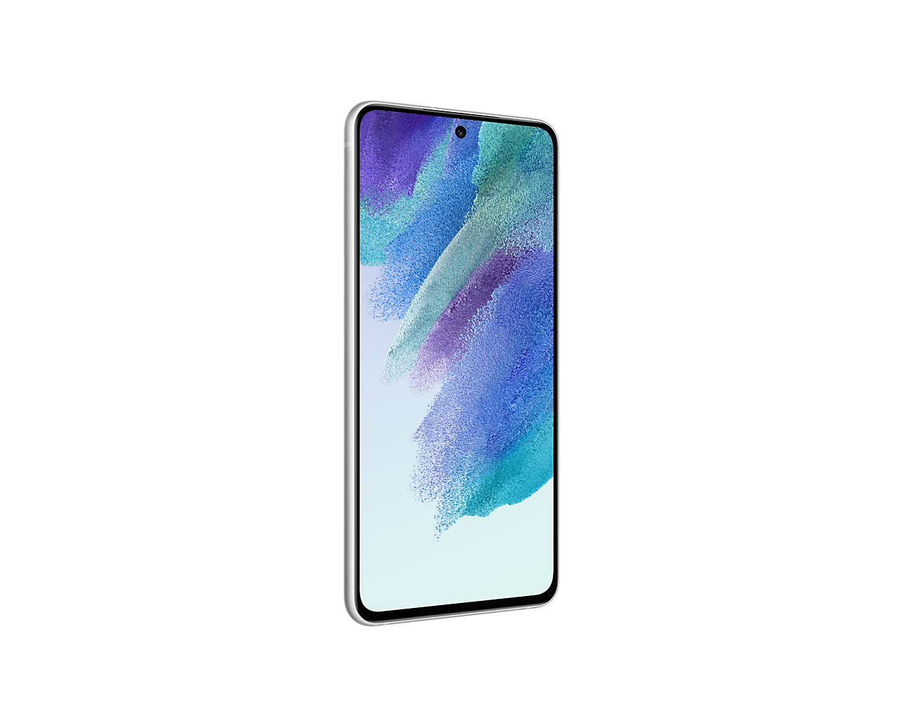 Ein Handy mit Bildschirm, der ein blaues und lila Design zeigt. Das Telefon hat silberne Ränder und weißen Hintergrund.