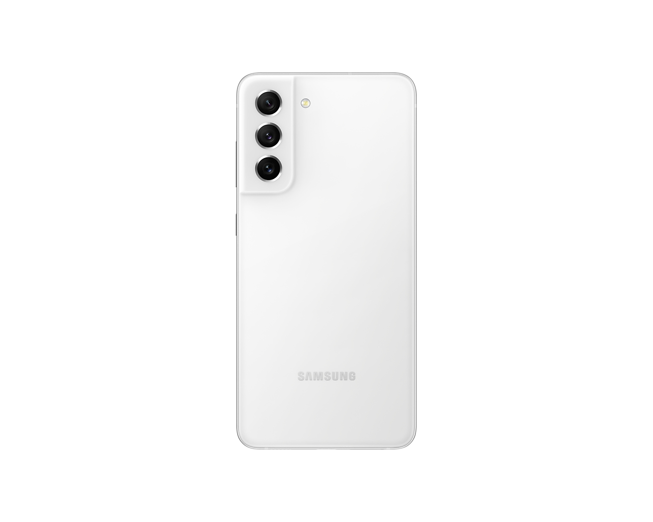Rückseite eines weißen Samsung-Telefons mit drei Kameras und einem Samsung-Logo. Das Telefon ist schlicht.
