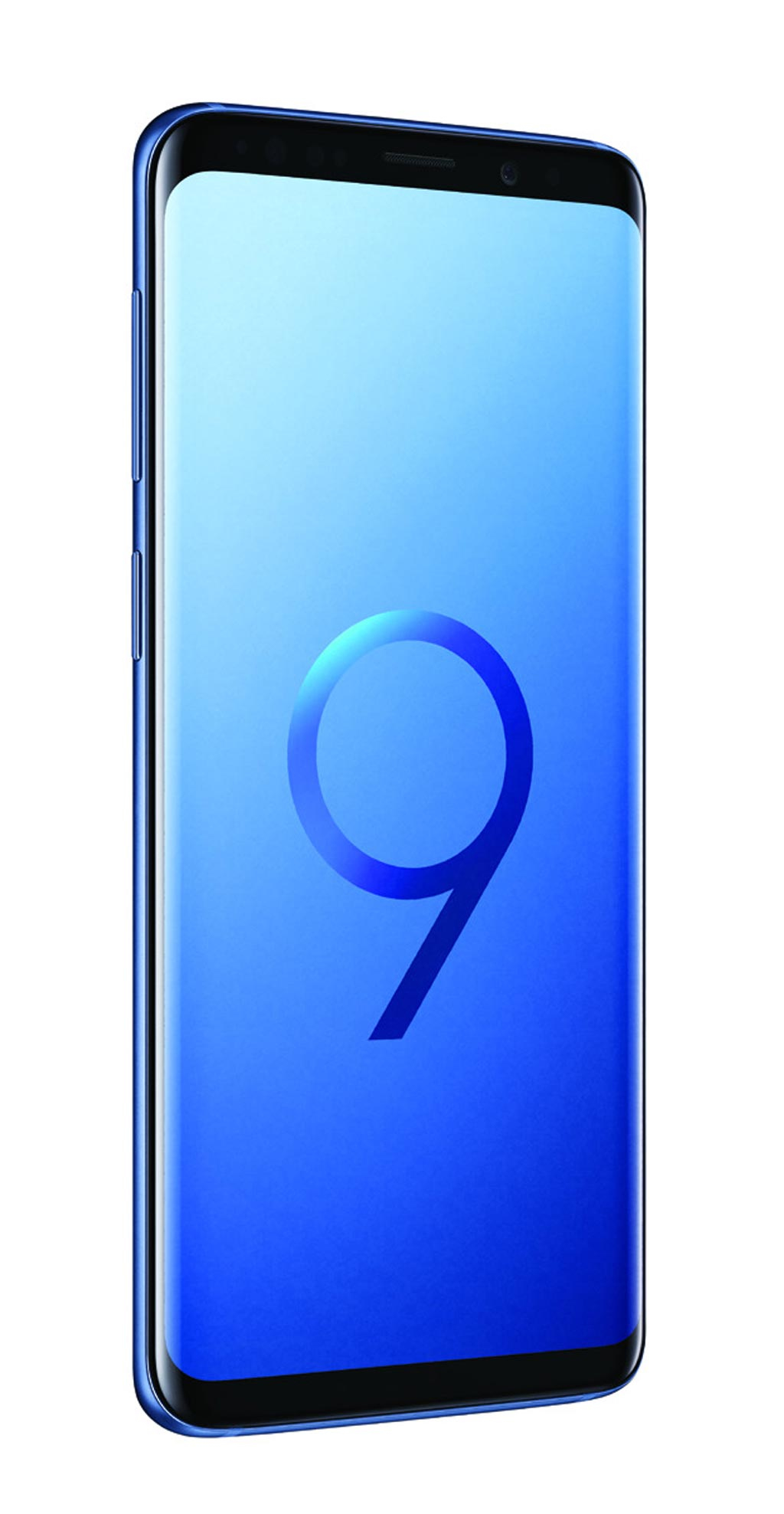 Blaues Telefon. Auf dem Bildschirm wird die Zahl 9 angezeigt. Schwarze Oberseite und Seitentasten.