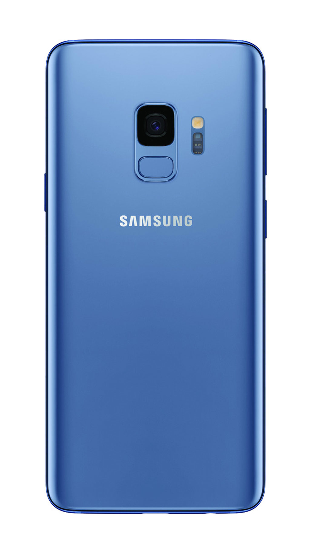 Blaue Samsung-Telefonrückseite. Kamera, Blitz, Samsung-Logo und Seitentasten. Abgerundete Kanten.