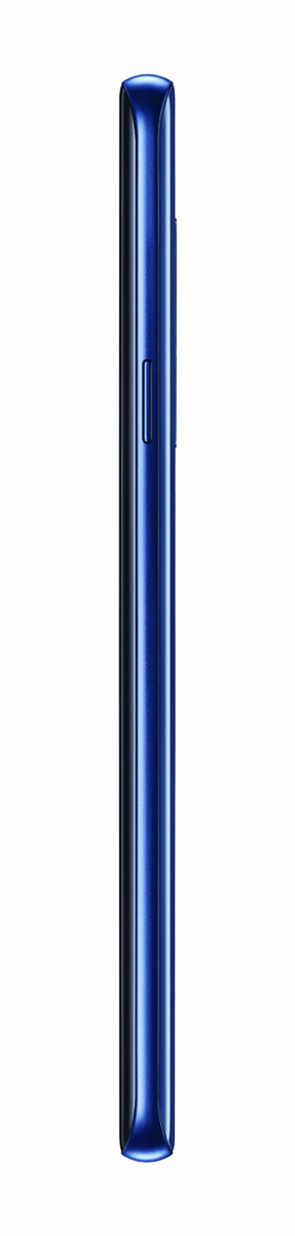 Seite des blauen Smartphones. Zeigt Knöpfe. Das Telefon ist blau und hat eine abgerundete Kante.