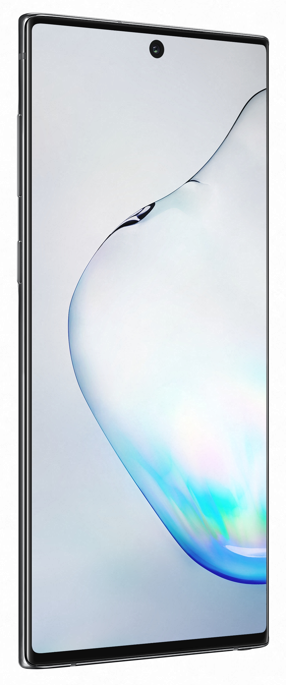 Ein Smartphone mit einem Bildschirm, der farbenfrohe Muster zeigt. Das Telefon ist silberfarben und angewinkelt.