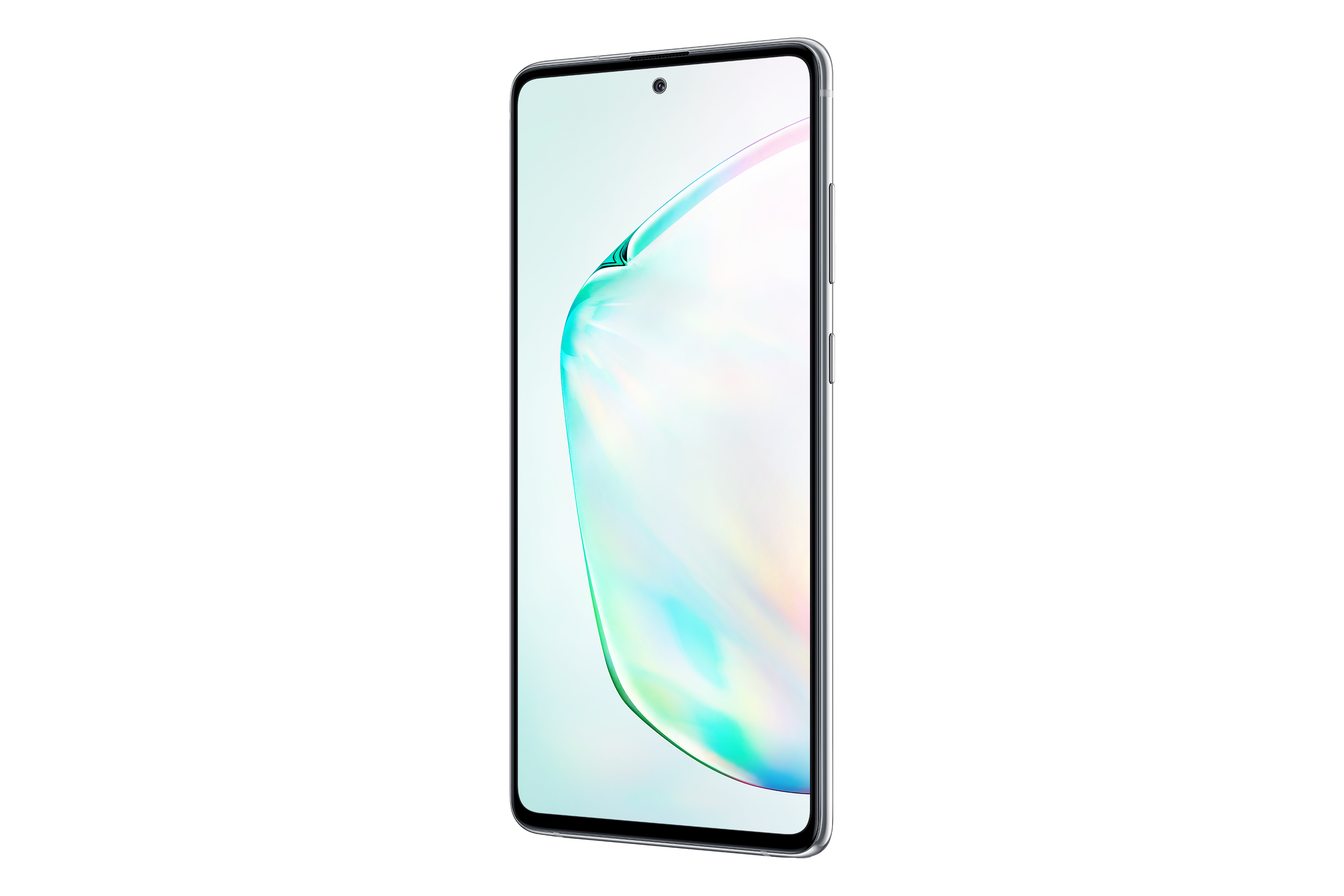 Gümüş renkli telefon, açılı ön görünüm, beyaz ekran ve renkli tasarım.