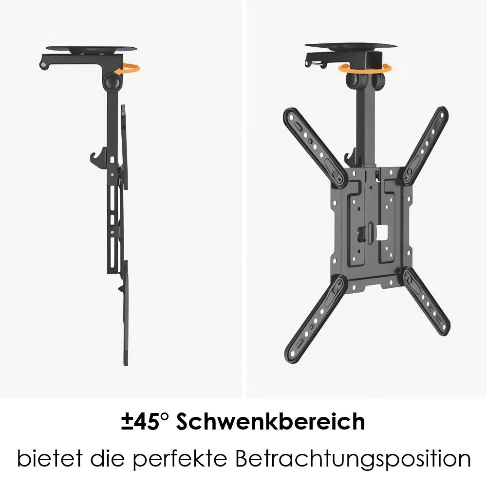 Zwei Ansichten der schwarzen TV-Deckenhalterung. Eine zeigt die Seite, die andere die Vorderseite. Der Text lautet '+45° Schwenkbereich'.