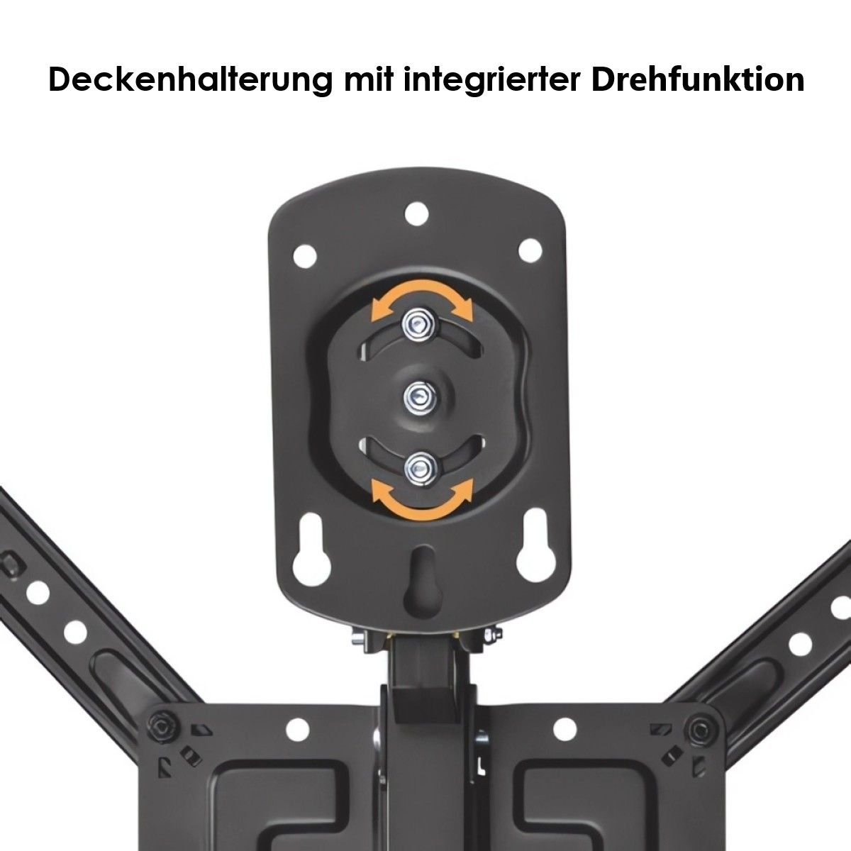 Nahaufnahme einer schwarzen TV-Halterung mit Schwenkfunktion. Pfeile zeigen die Schwenkbewegung. Der Text lautet 'Deckenhalterung'.