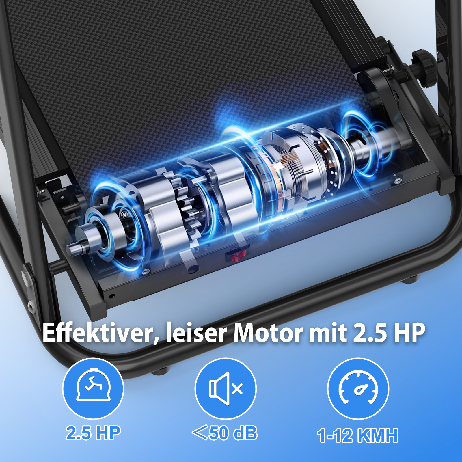Nahaufnahme eines Laufbandmotors. Es hat die 2,5 PS-Motor-Spezifikation.