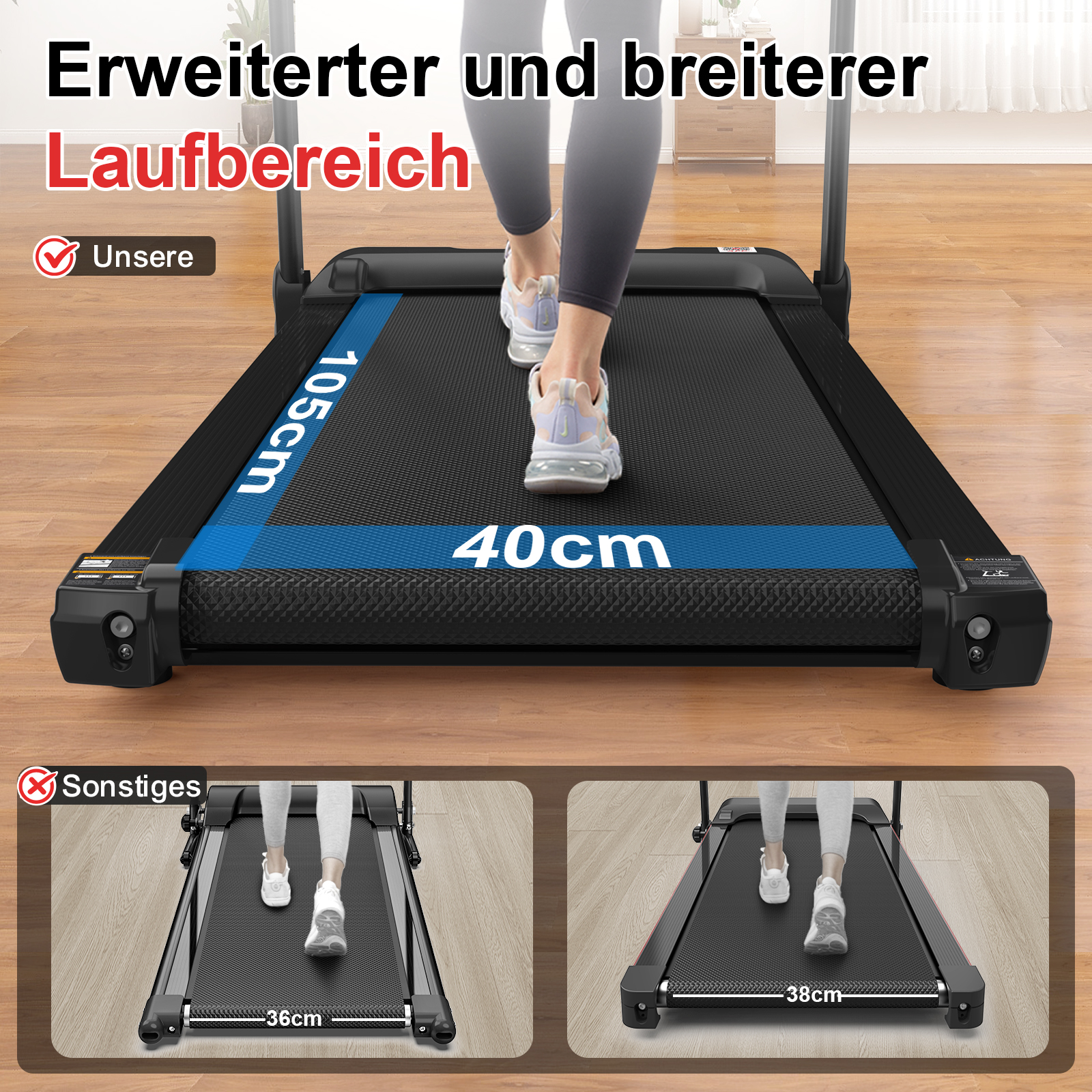 Eine Person läuft auf einem Laufband und zeigt die Laufflächenabmessungen in cm.