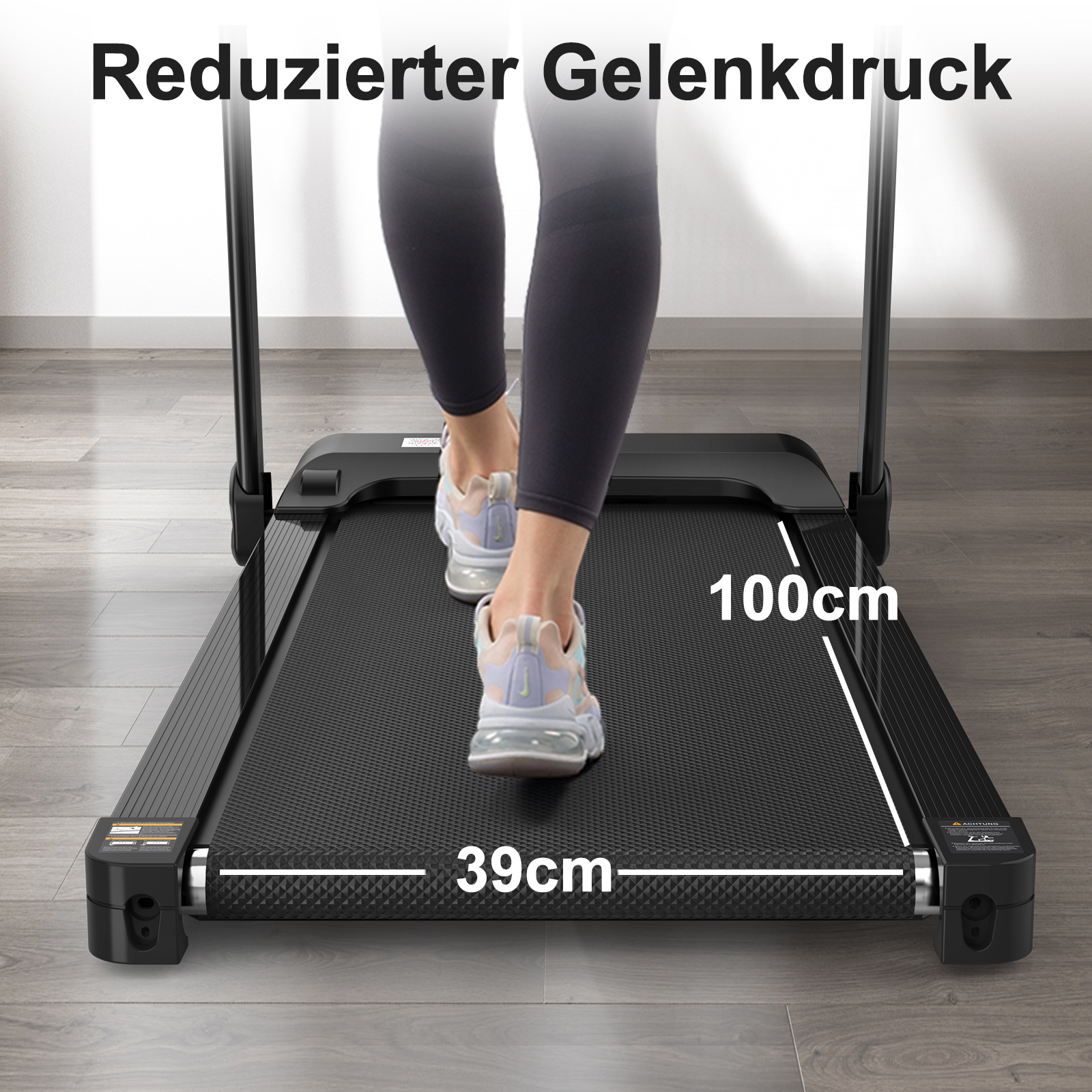 Person rennt auf einem Laufband, mit Abmessungen der Lauffläche in cm.