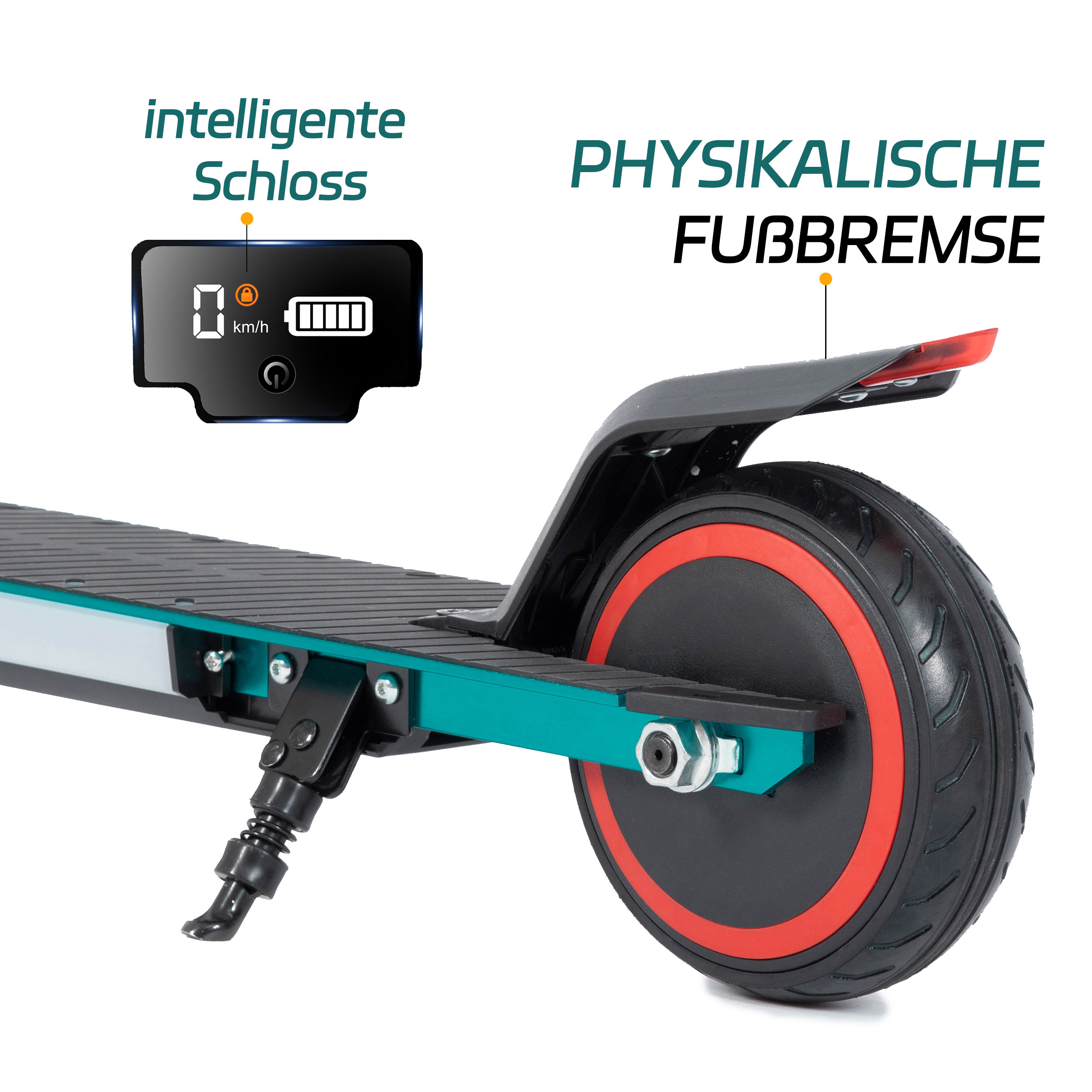 Elektroroller mit Digitalanzeige und Hinterrad mit roten Akzenten, der Design und Funktionen präsentiert.