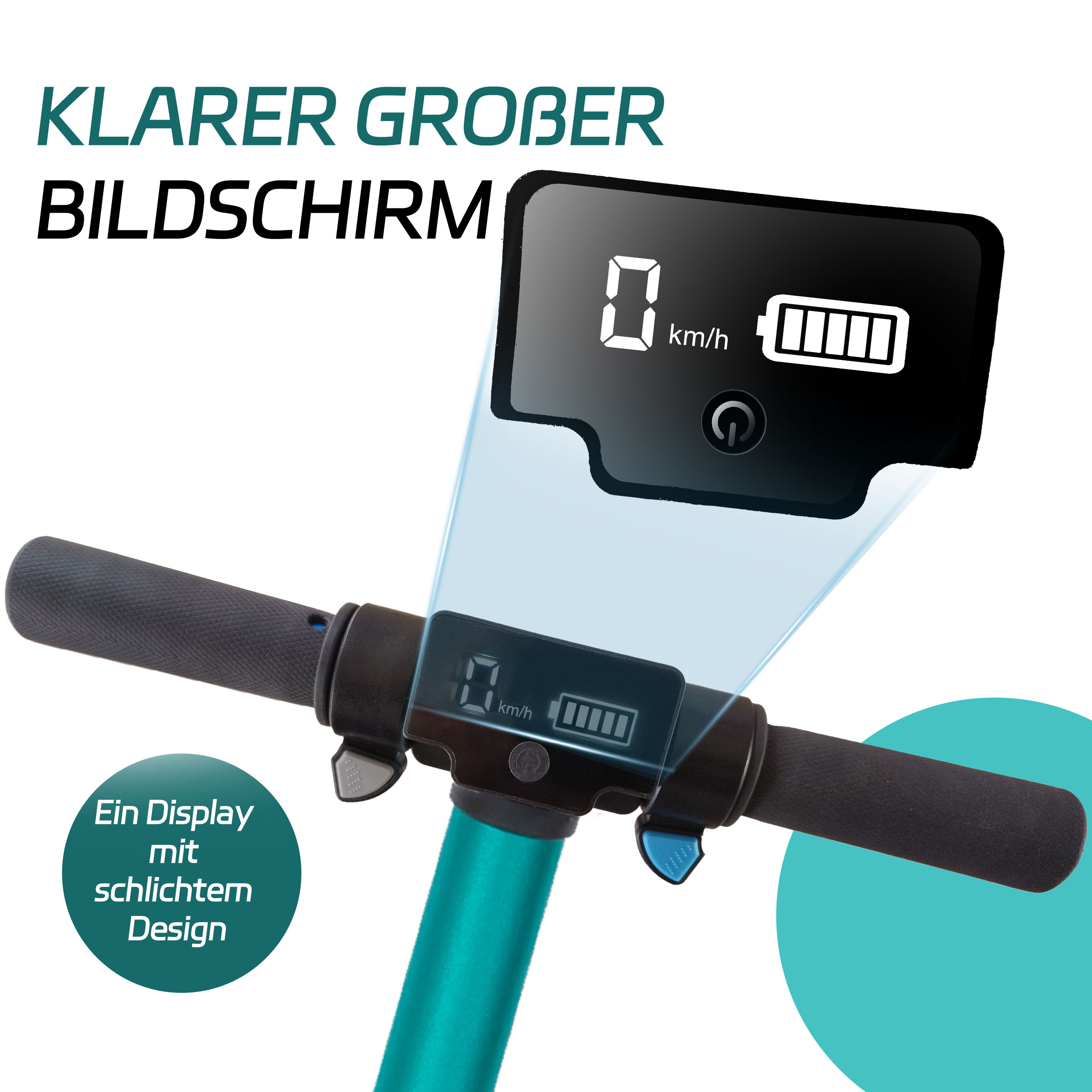 Ein Roller-Lenker mit Digitalanzeige, die Geschwindigkeit und Akkulaufzeit anzeigt, mit teal-farbenem Rahmen.