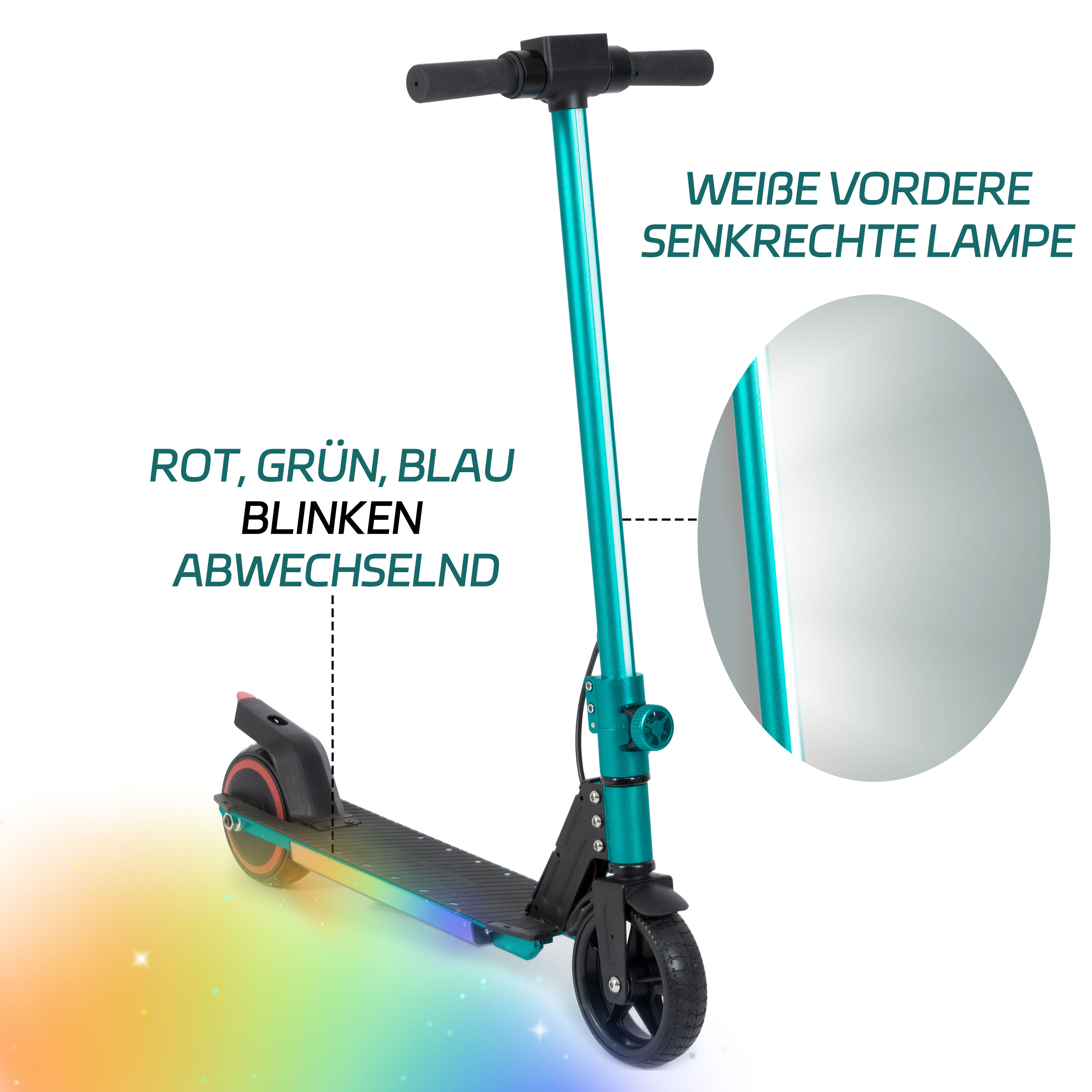 Türkisfarbener Roller mit bunten Lichtern und weißem Licht vorne, Merkmale werden hervorgehoben.