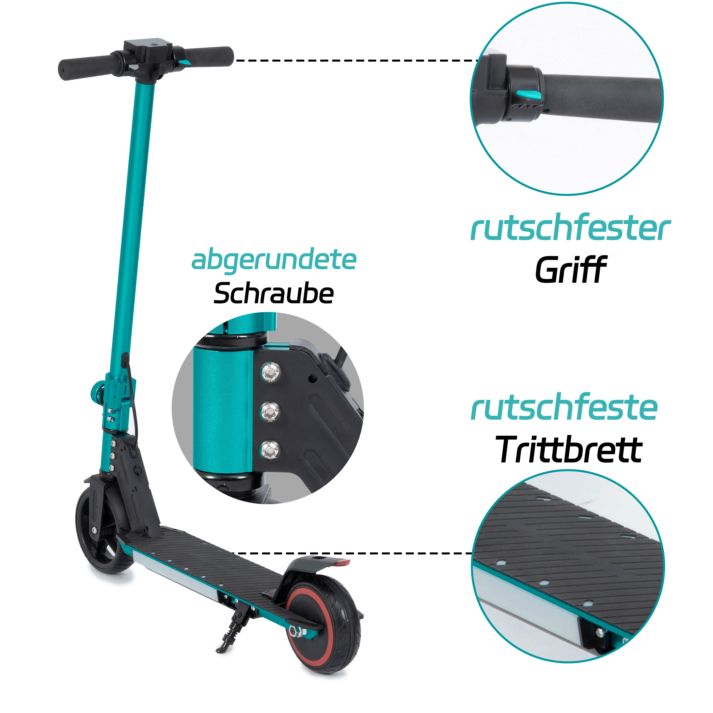 Roller mit hervorgehobenen Merkmalen: abgerundete Schraube, rutschfester Griff und Trittbrett.