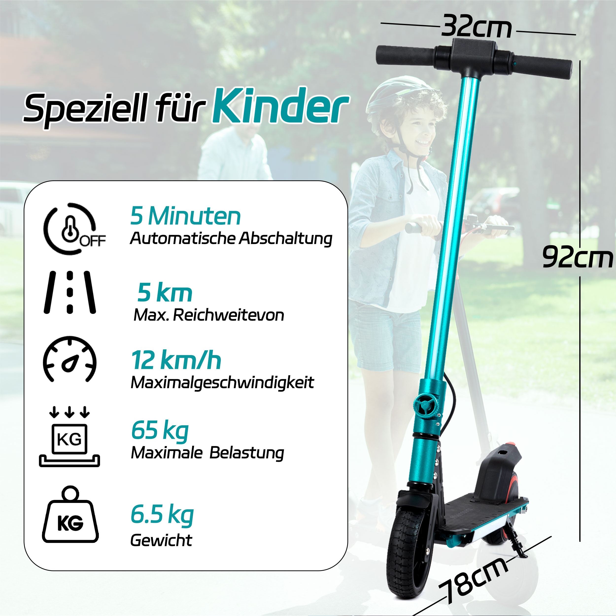Kind mit Roller, Roller-Eigenschaften und Abmessungen werden gezeigt, speziell für Kinder konzipiert.
