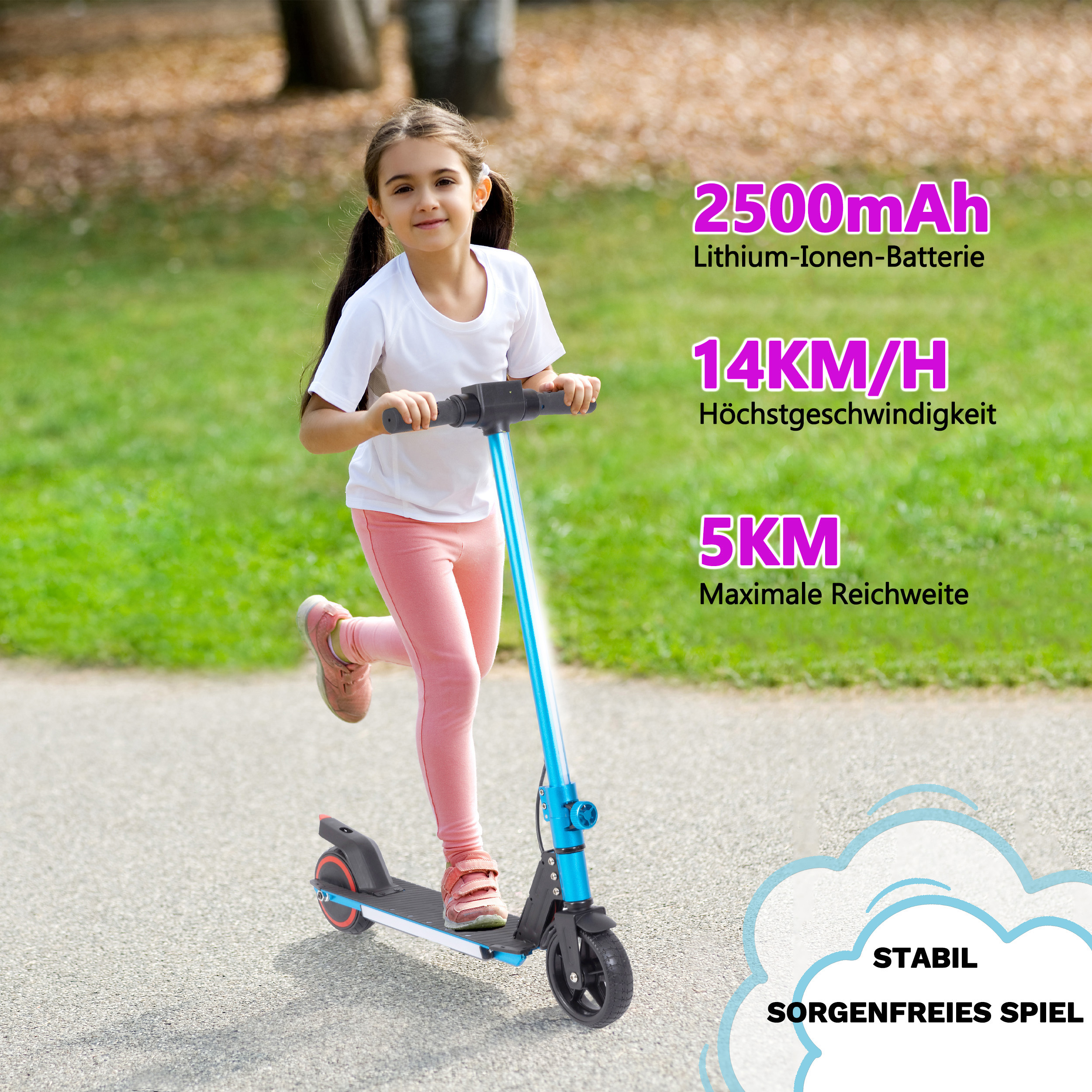 Mädchen auf einem Roller, mit Batterie- und Geschwindigkeitsinformationen, 5 km maximale Reichweite, auf einem Weg laufend.