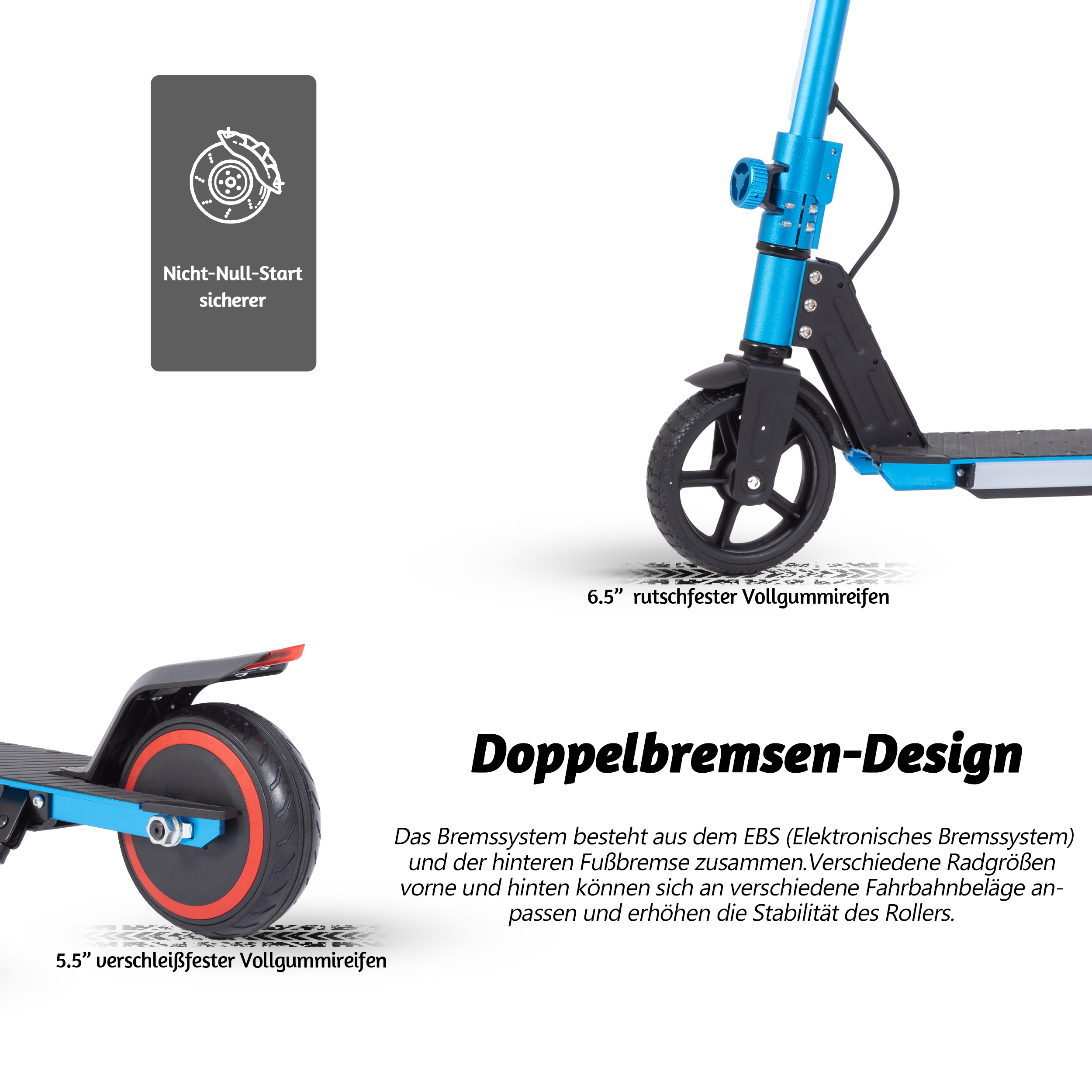 Eine Nahaufnahme des Rades und der Teile eines Rollers. Der Text lautet „Doppelbremsen-Design“ auf Deutsch.