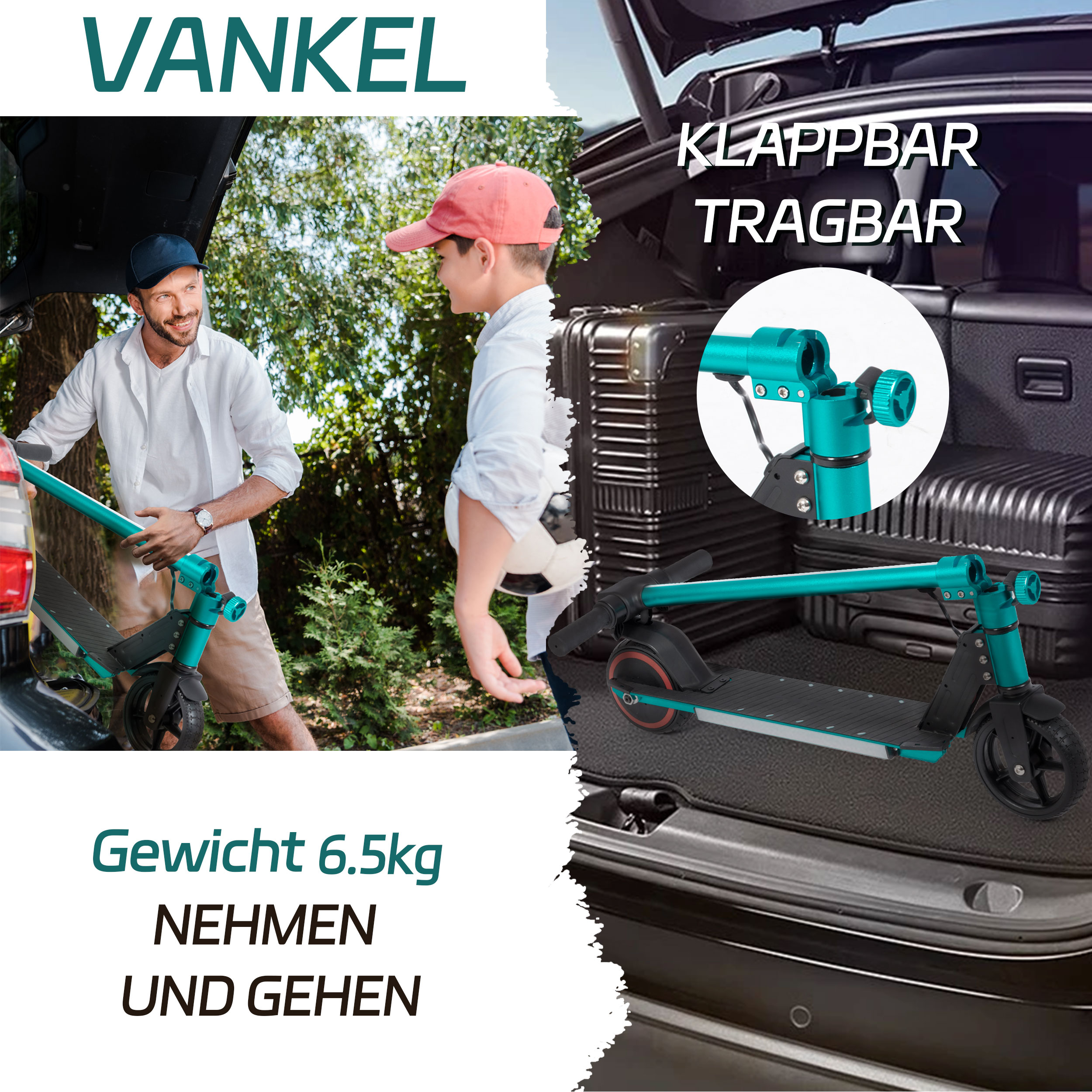 Mann und Junge legen Roller in den Kofferraum, Roller zusammengeklappt, zeigt Portabilität.