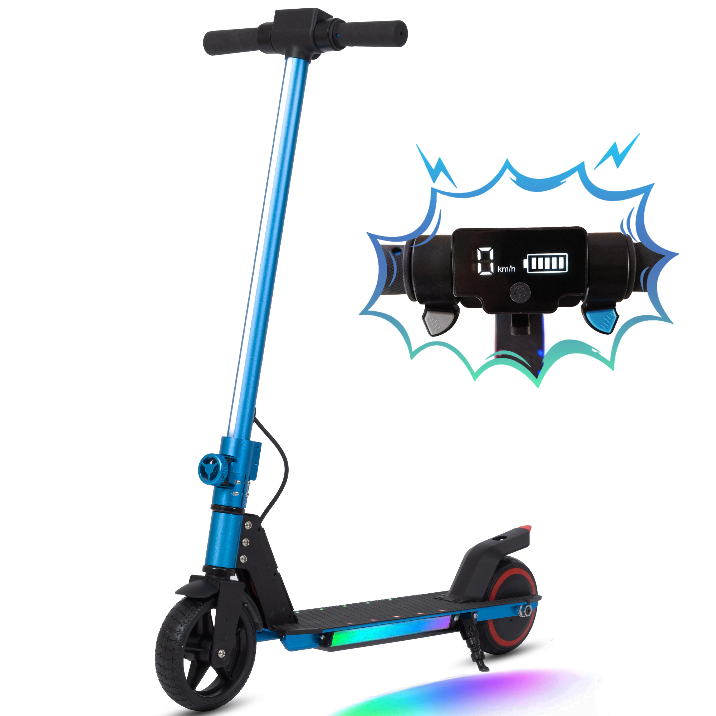 Blauer Roller mit Digitalanzeige, zeigt Geschwindigkeit und Akku, mit Lichteffekt.