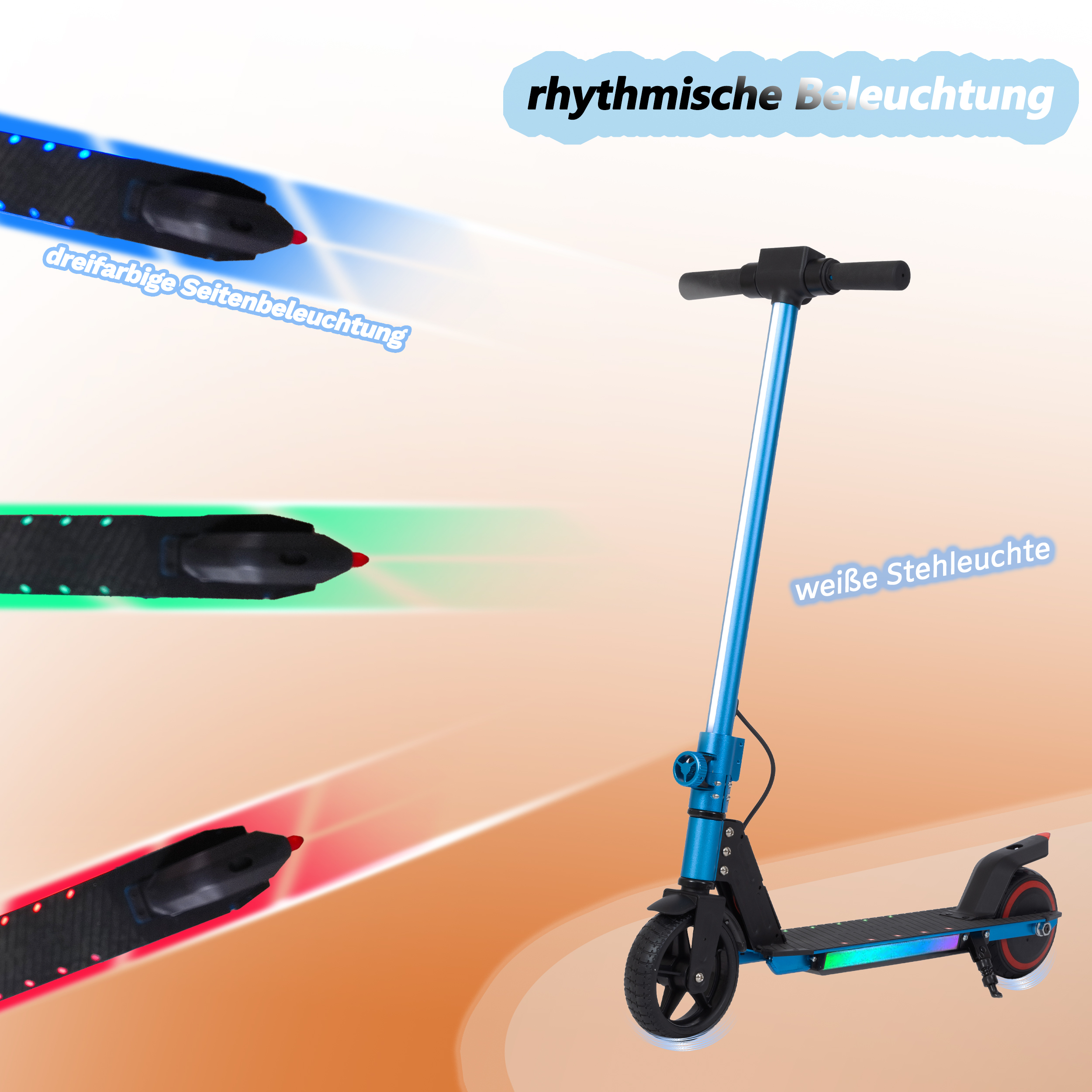 Ein blauer Roller mit Lichtern. Die Worte sind auf Deutsch und lauten „rhythmische Beleuchtung“.