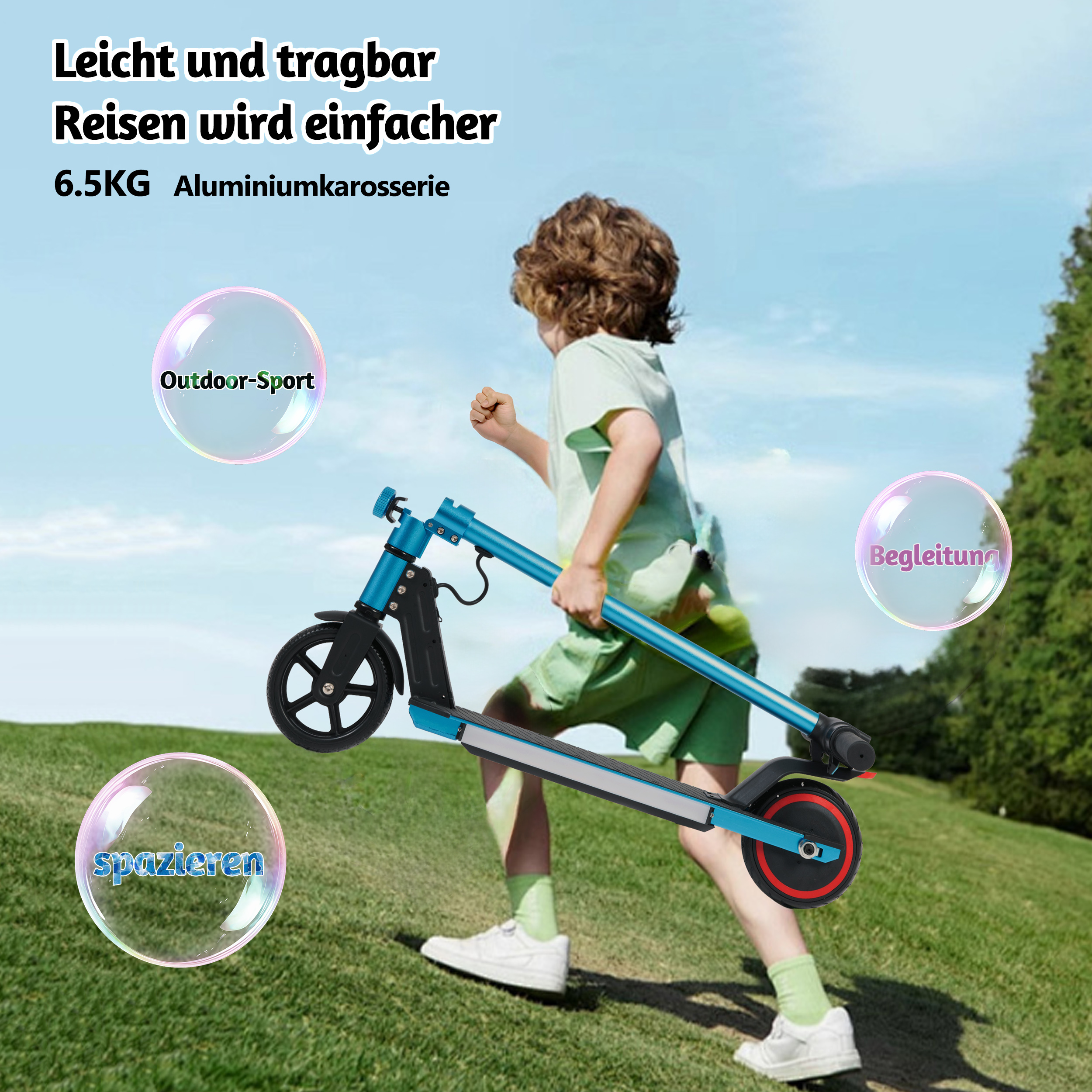 Junge trägt zusammengeklappten Roller, mit Blasen, die Gehen, Outdoorsport und Begleitung zeigen.