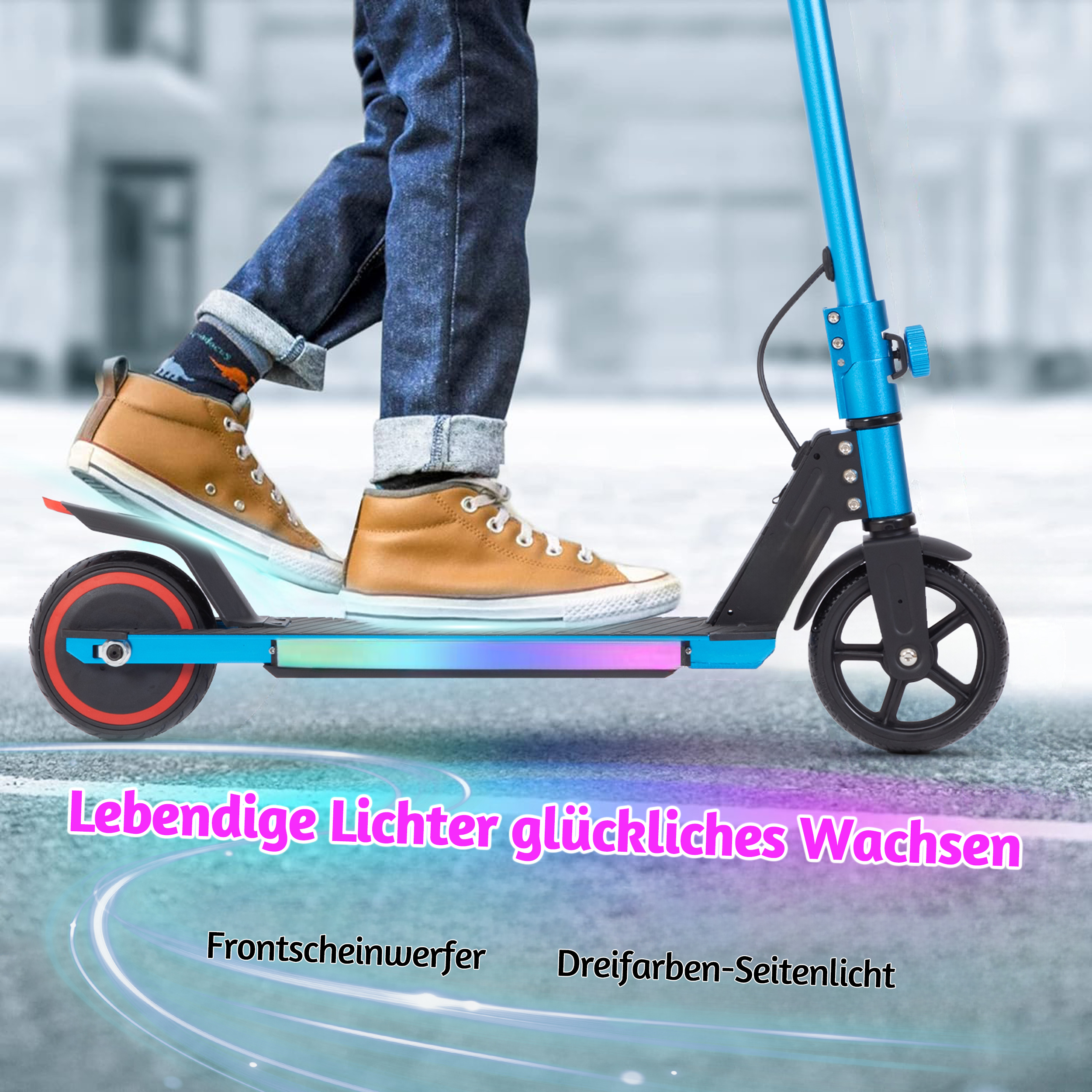 Eine Person auf einem blauen Roller mit Lichtern. Der Text lautet „Lebendige Lichter glückliches Wachsen“.