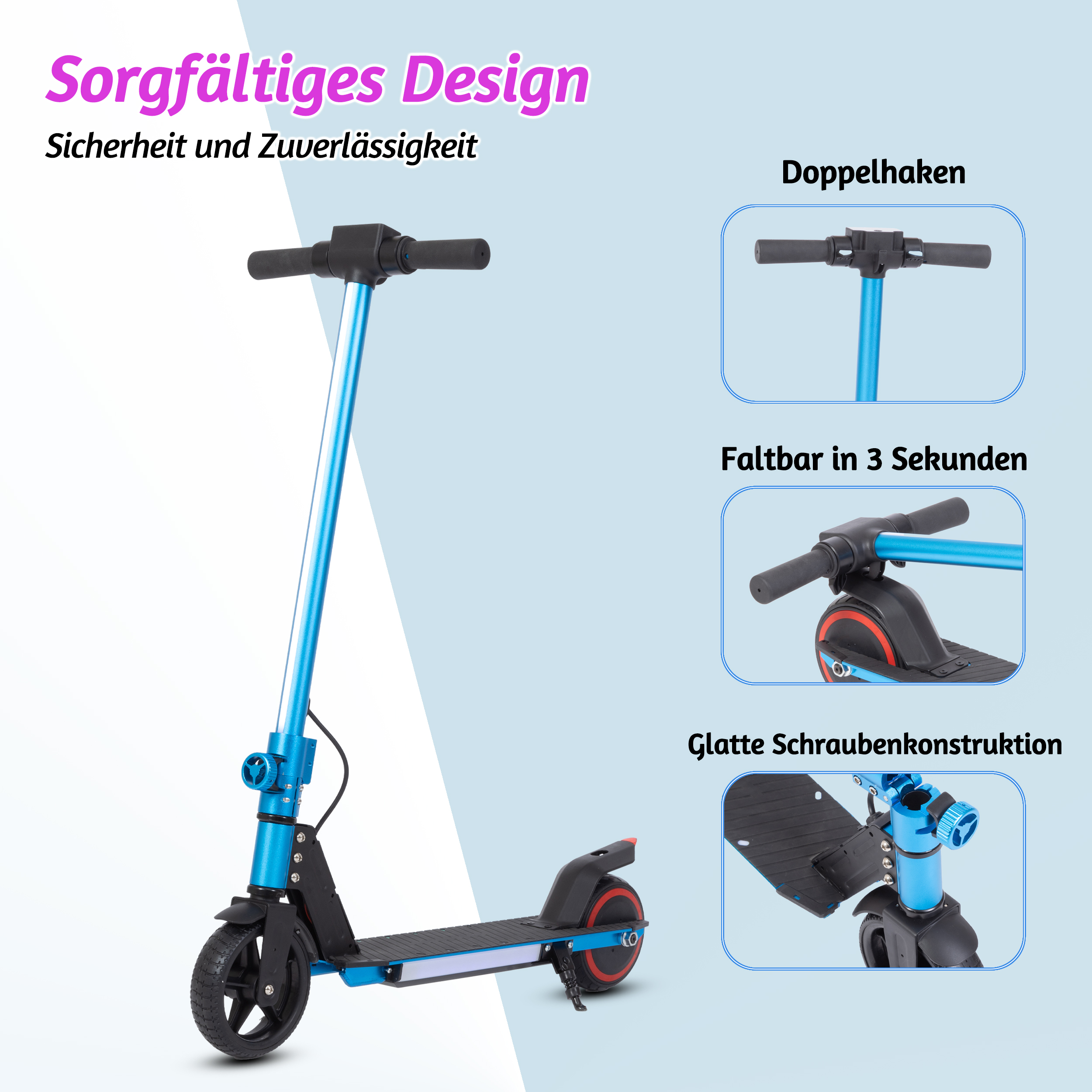 Blauer Roller mit Infografiken zu seinen Eigenschaften. Text auf Deutsch.