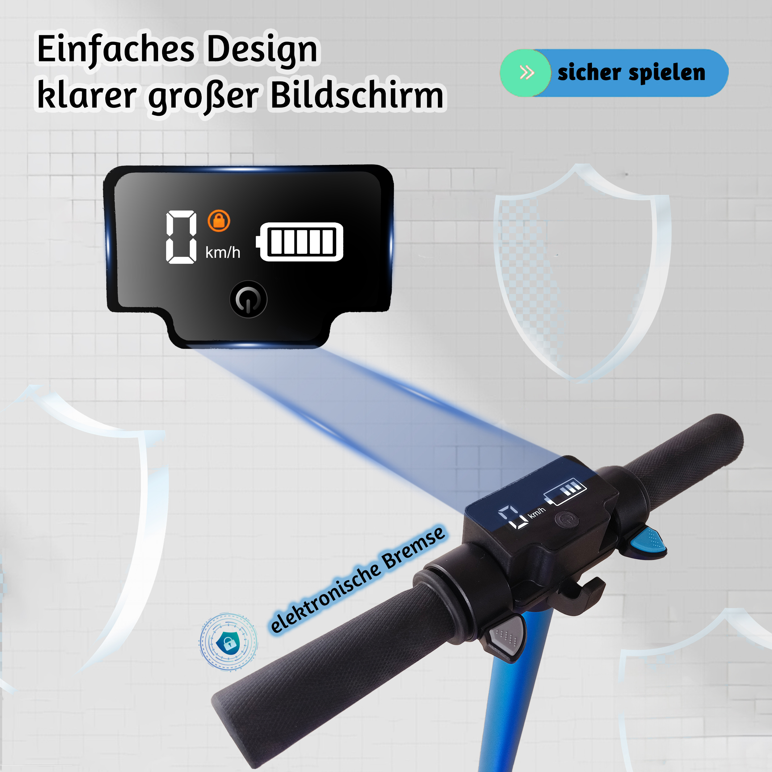 Eine Nahaufnahme des Lenkers und des Displays eines Rollers. Das Display zeigt eine Batterie und die Geschwindigkeit.