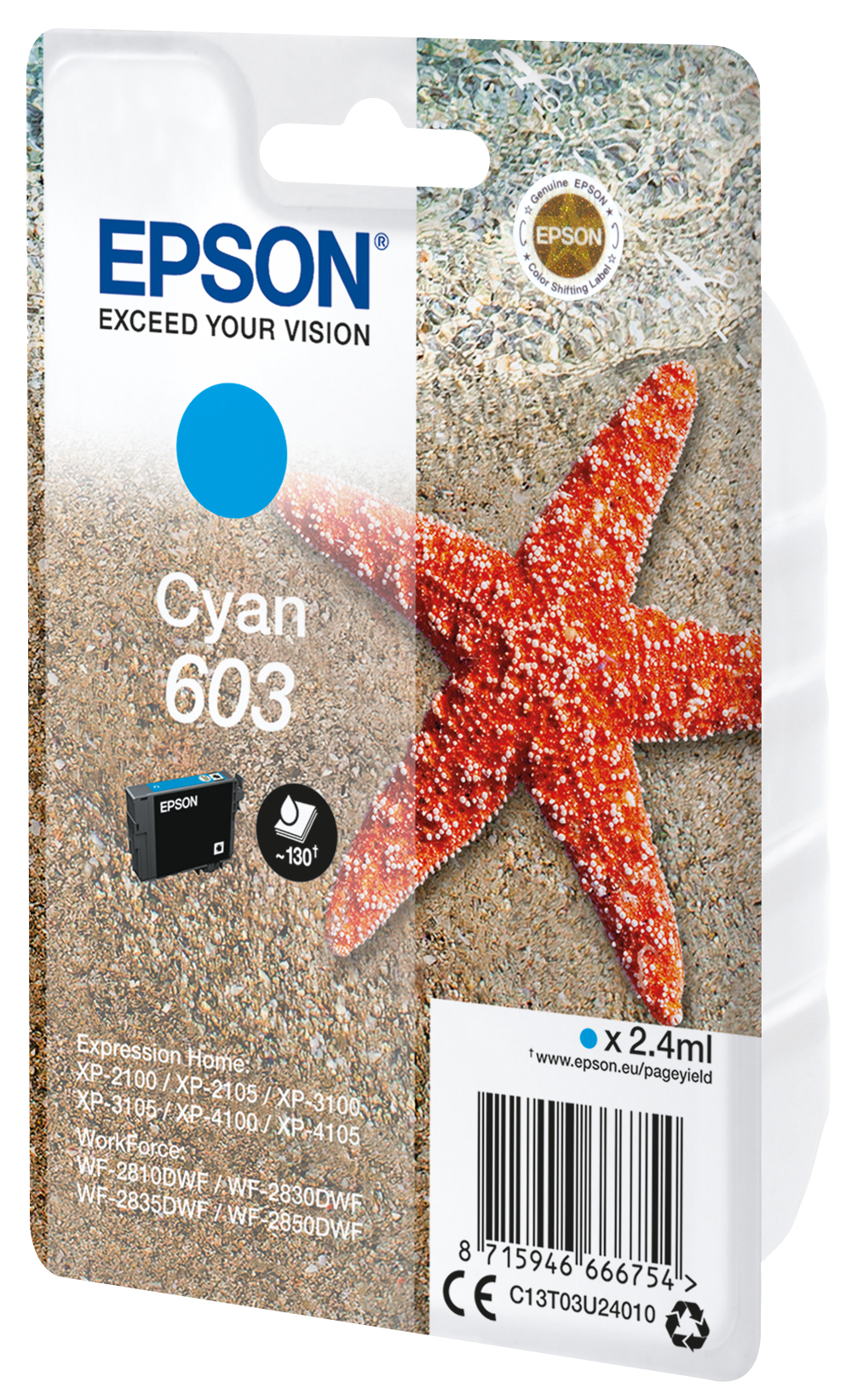 Confezione della cartuccia di inchiostro Epson Cyan 603. Inchiostro ciano con una stella marina.