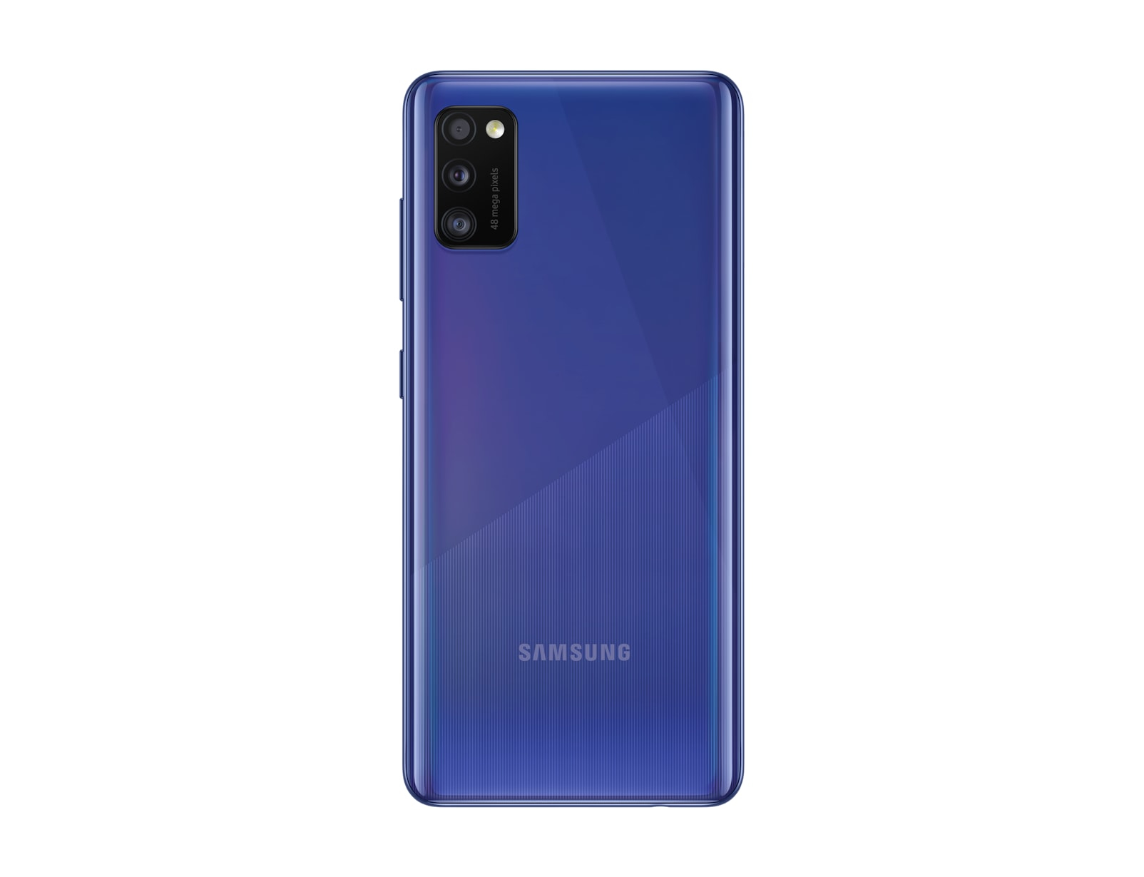 Blaues Telefon mit drei Rückkameras. Der Markenname "SAMSUNG" ist sichtbar.