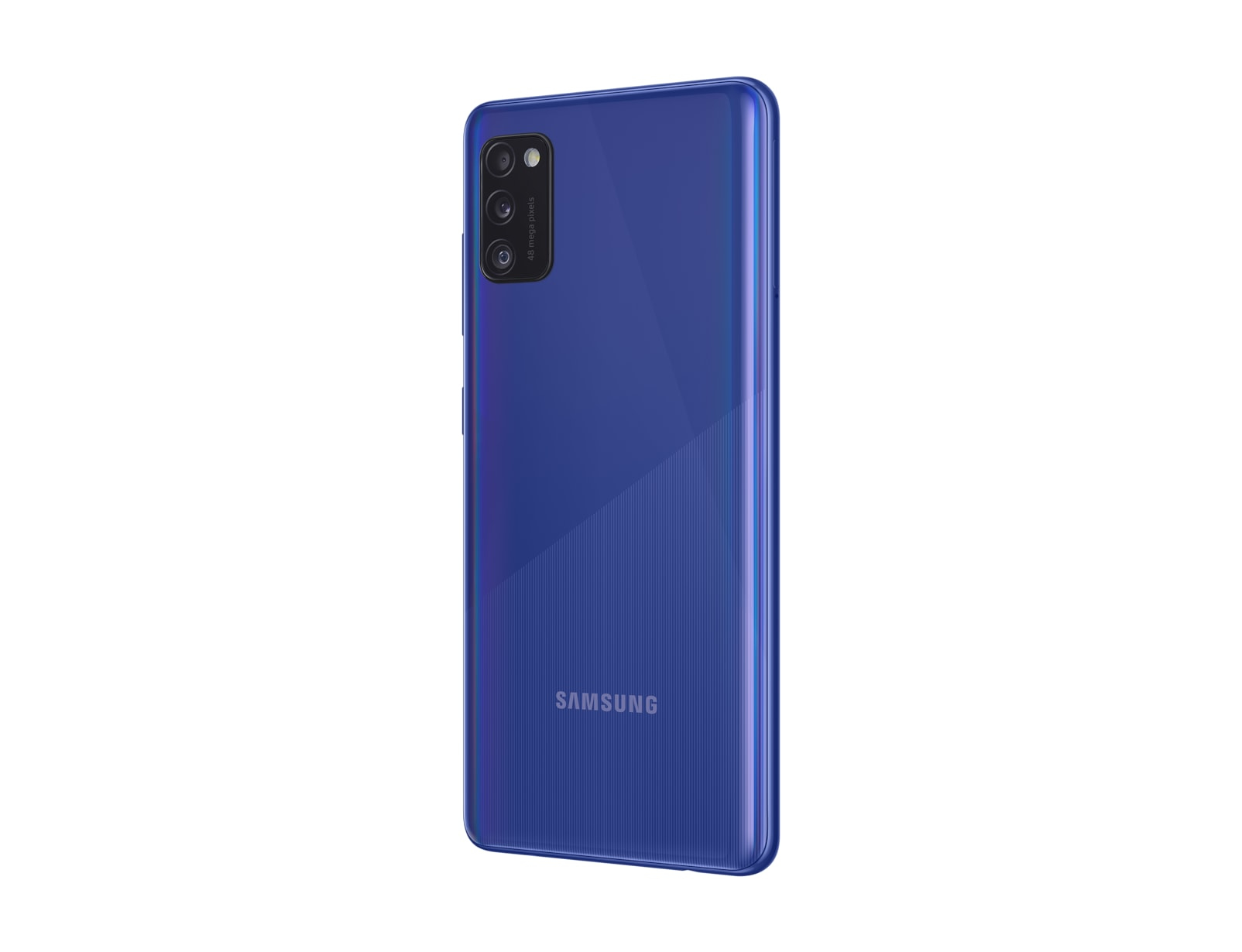 Rückseite eines blauen Samsung-Smartphones. Kameras und Samsung-Logo. Winkelansicht.