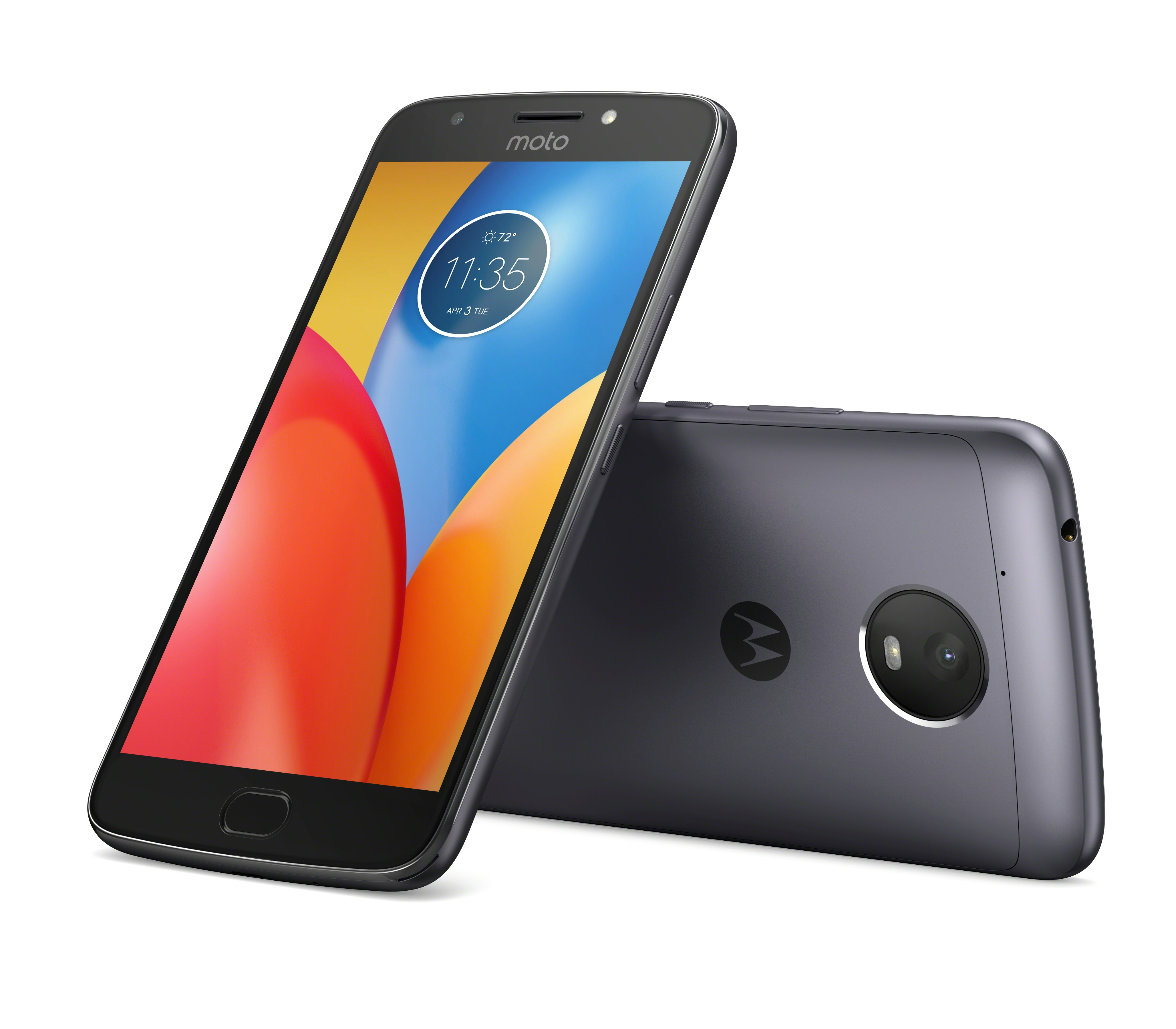 Zwei Smartphones. Eines geneigt mit blau-orangefarbenem Bildschirm, das andere hinten.