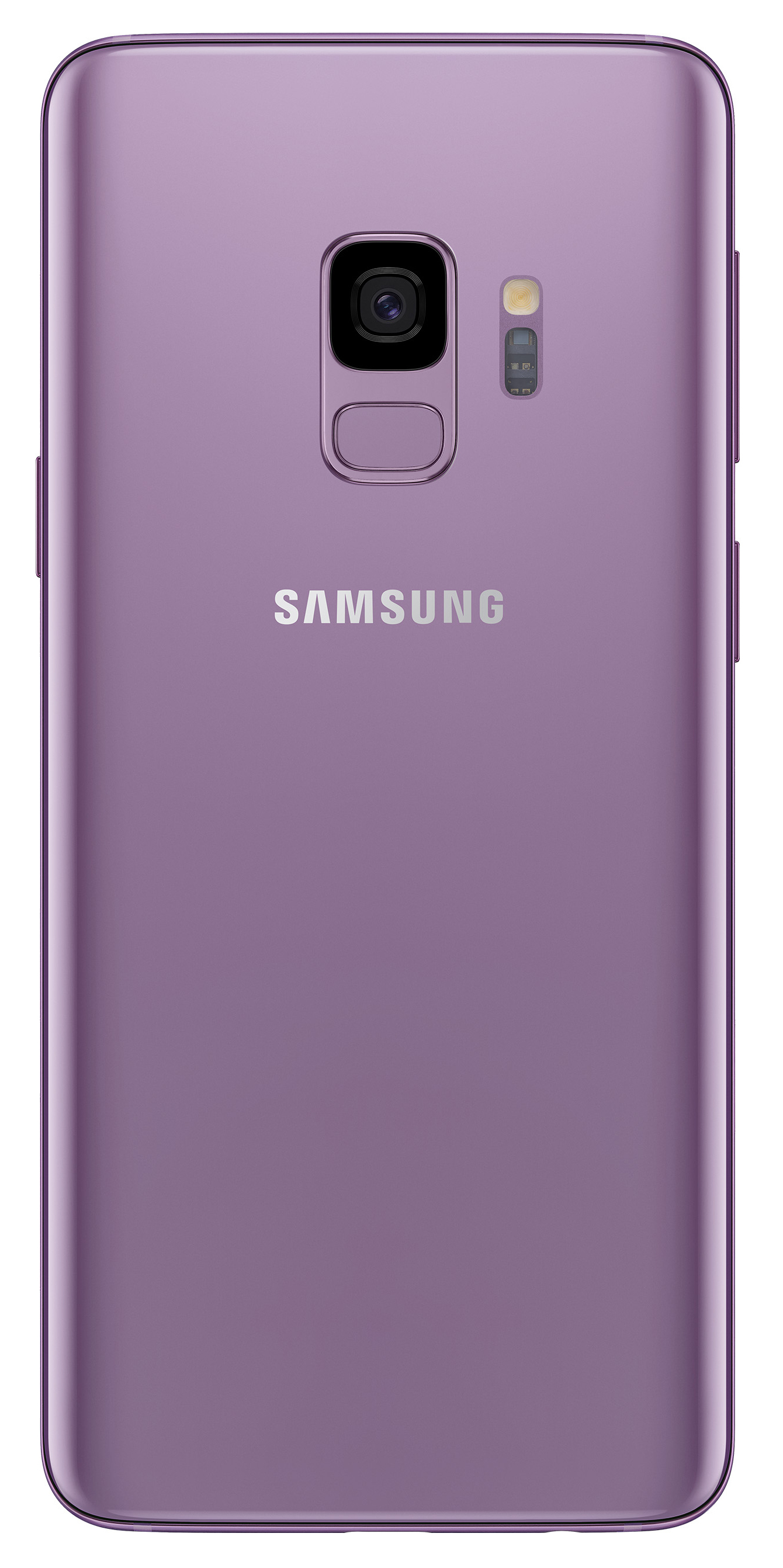 Rückseite eines lila Smartphones. Kamera, Blitz, Samsung-Logo.